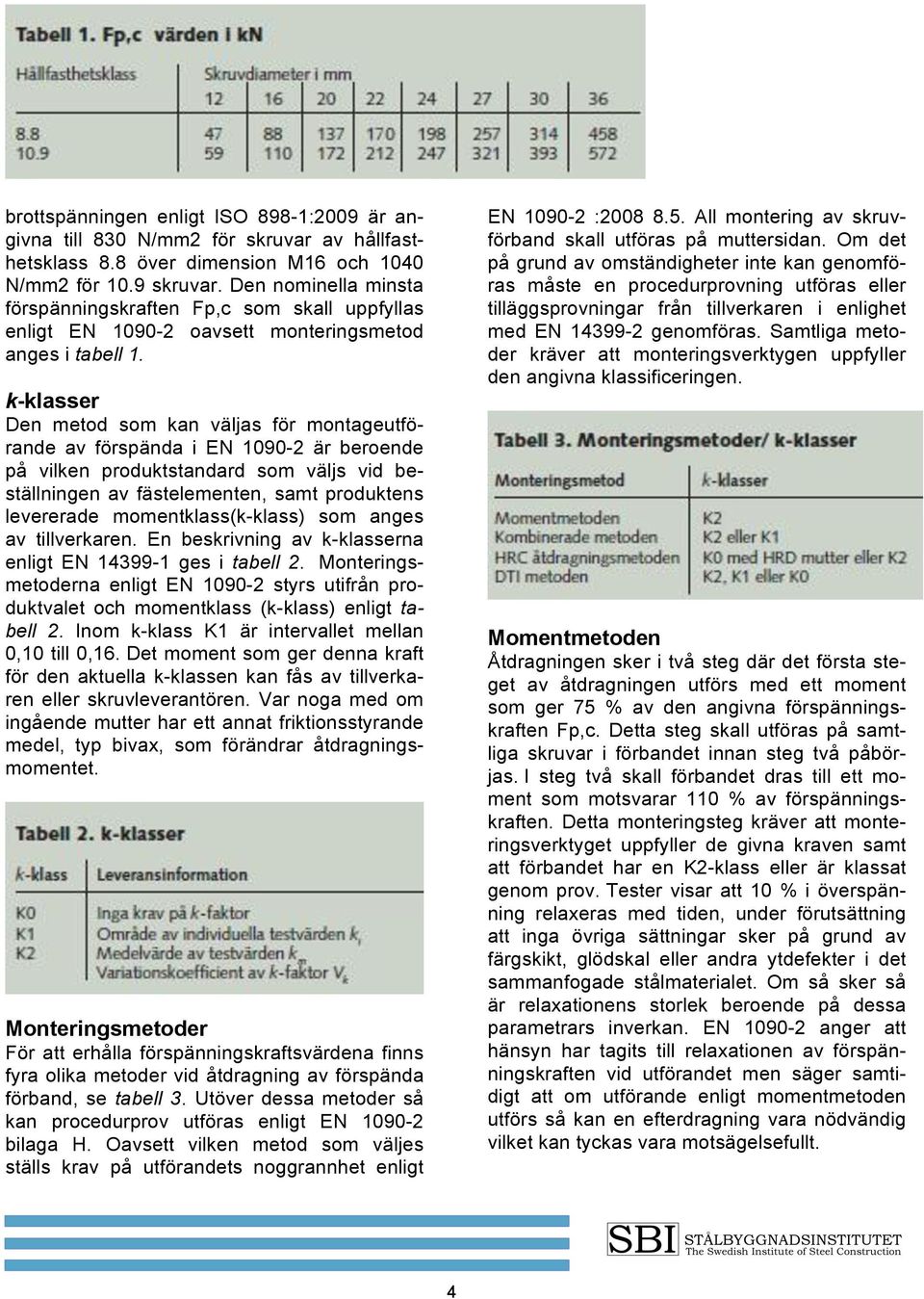 k-klasser Den metod som kan väljas för montageutförande av förspända i EN 1090-2 är beroende på vilken produktstandard som väljs vid beställningen av fästelementen, samt produktens levererade