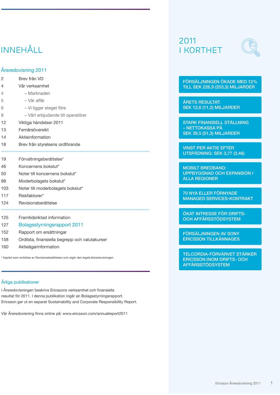 moderbolagets bokslut* 117 Riskfaktorer* 124 Revisionsberättelse 125 Framtidsriktad information 127 Bolagsstyrningsrapport 2011 152 Rapport om ersättningar 158 Ordlista, finansiella begrepp och