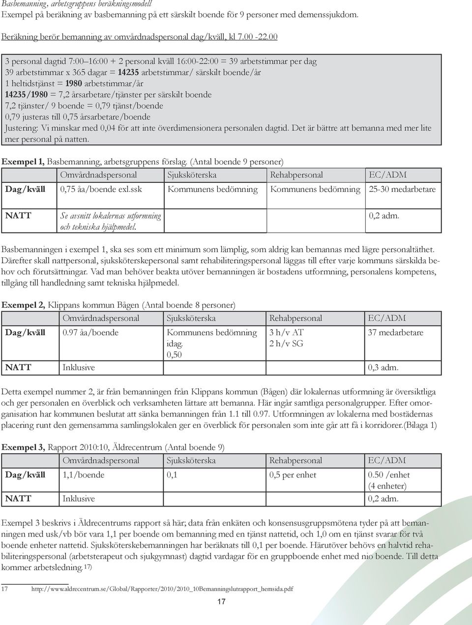 00 3 personal dagtid 7:00 16:00 + 2 personal kväll 16:00-22:00 = 39 arbetstimmar per dag 39 arbetstimmar x 365 dagar = 14235 arbetstimmar/ särskilt boende/år 1 heltidstjänst = 1980 arbetstimmar/år