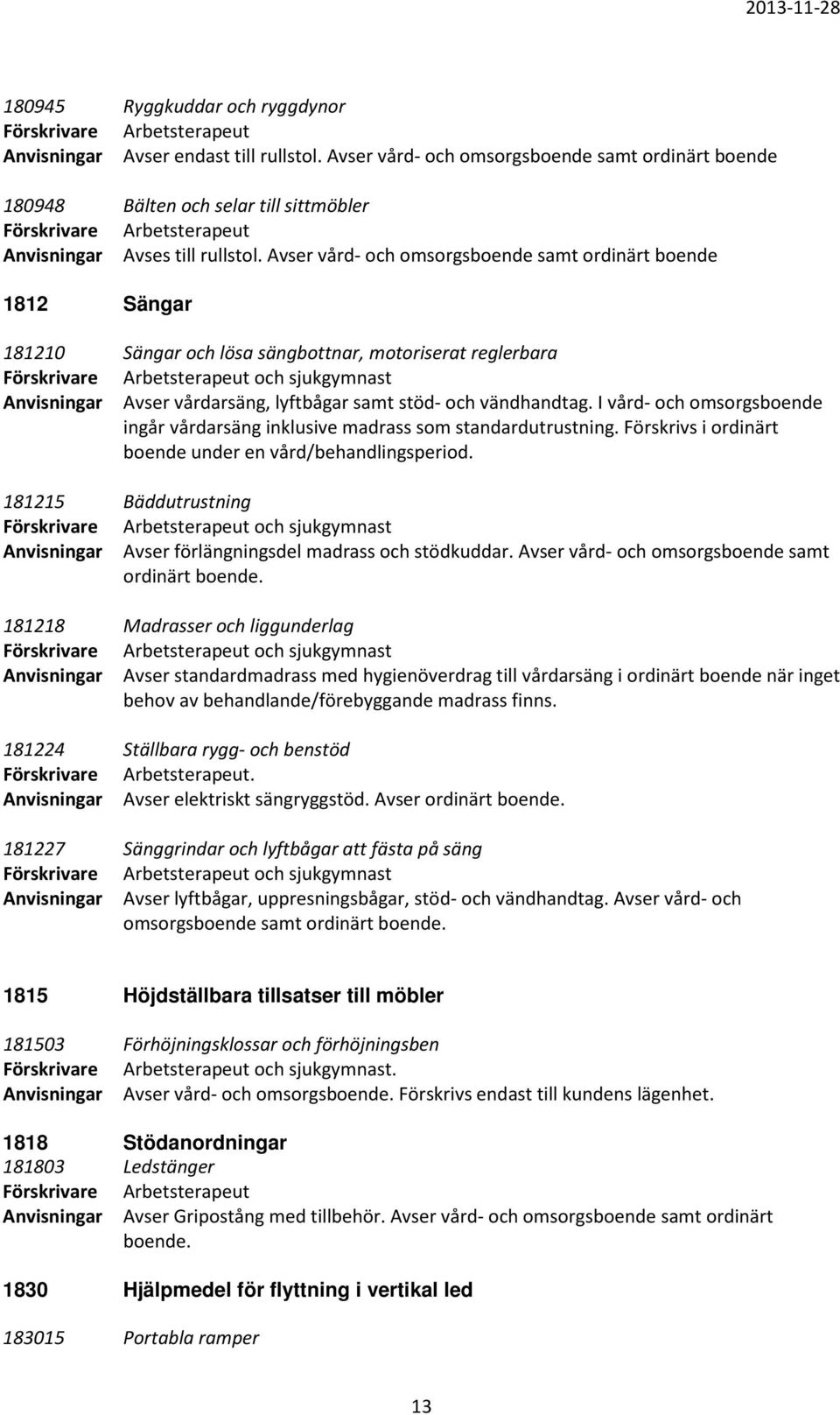 vändhandtag. I vård- och omsorgsboende ingår vårdarsäng inklusive madrass som standardutrustning. Förskrivs i ordinärt boende under en vård/behandlingsperiod.