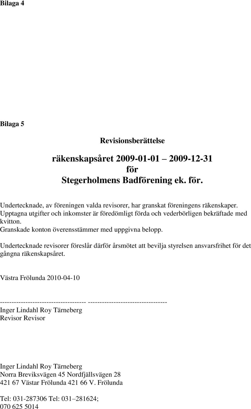 Undertecknade revisorer föreslår därför årsmötet att bevilja styrelsen ansvarsfrihet för det gångna räkenskapsåret.