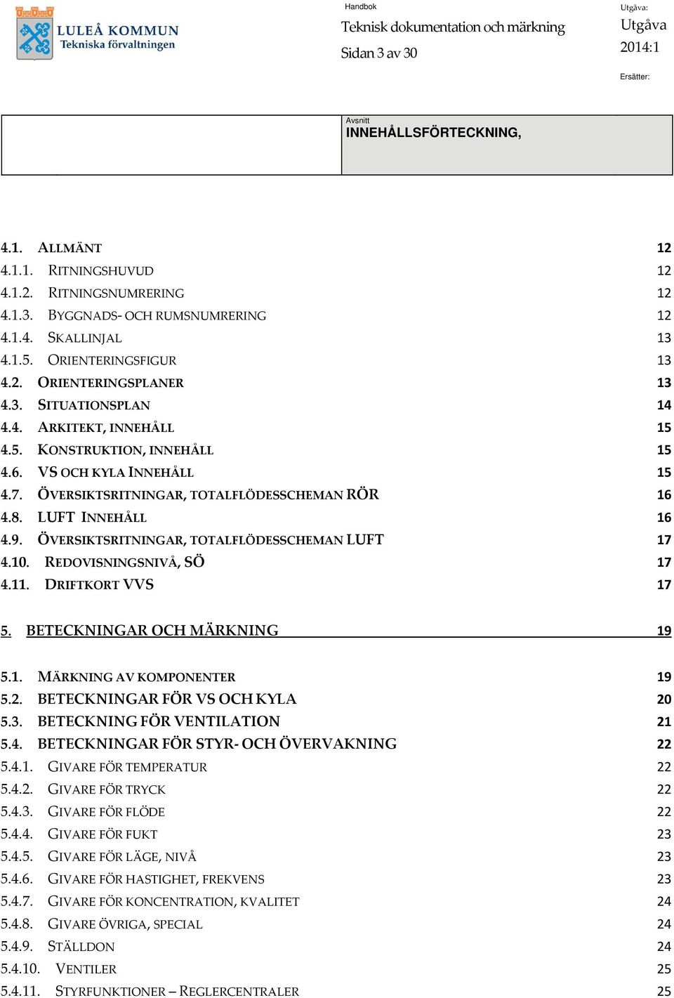 ÖVERSIKTSRITNINGAR, TOTALFLÖDESSCHEMAN LUFT 17.10. REDOVISNINGSNIVÅ, SÖ 17.11. DRIFTKORT VVS 17 5. BETECKNINGAR OCH MÄRKNING 19 5.1. MÄRKNING AV KOMPONENTER 19 5.2. BETECKNINGAR FÖR VS OCH KYLA 20 5.