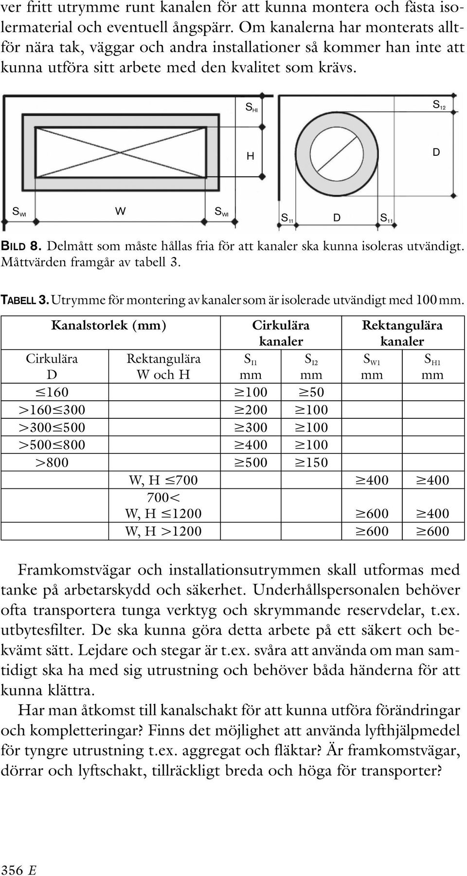 Delmått som måste hållas fria för att kanaler ska kunna isoleras utvändigt. Måttvärden framgår av tabell 3. TABELL 3.Utrymme för montering avkanalersom är isolerade utvändigt med 100mm.