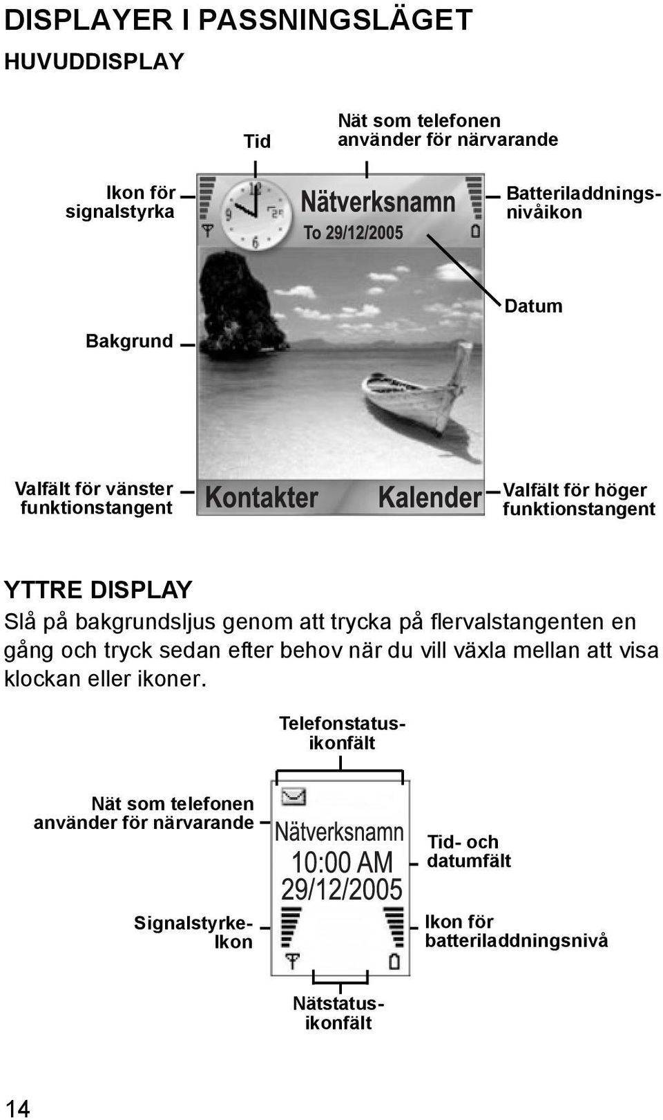 en gång och tryck sedan efter behov när du vill växla mellan att visa klockan eller ikoner.