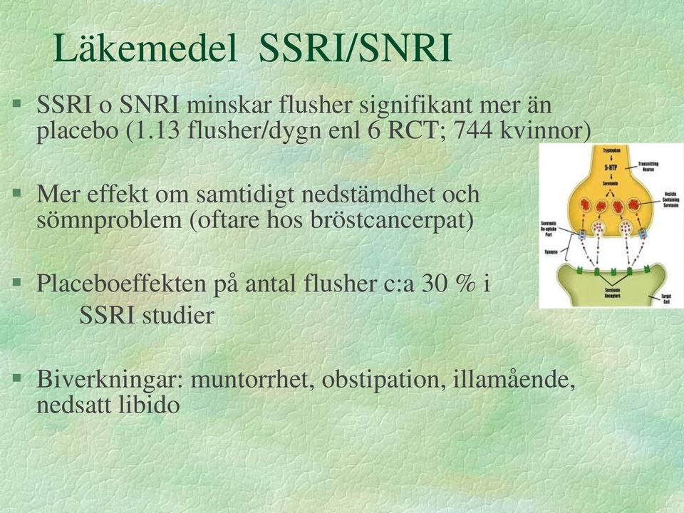 sömnproblem (oftare hos bröstcancerpat) Placeboeffekten på antal flusher c:a 30