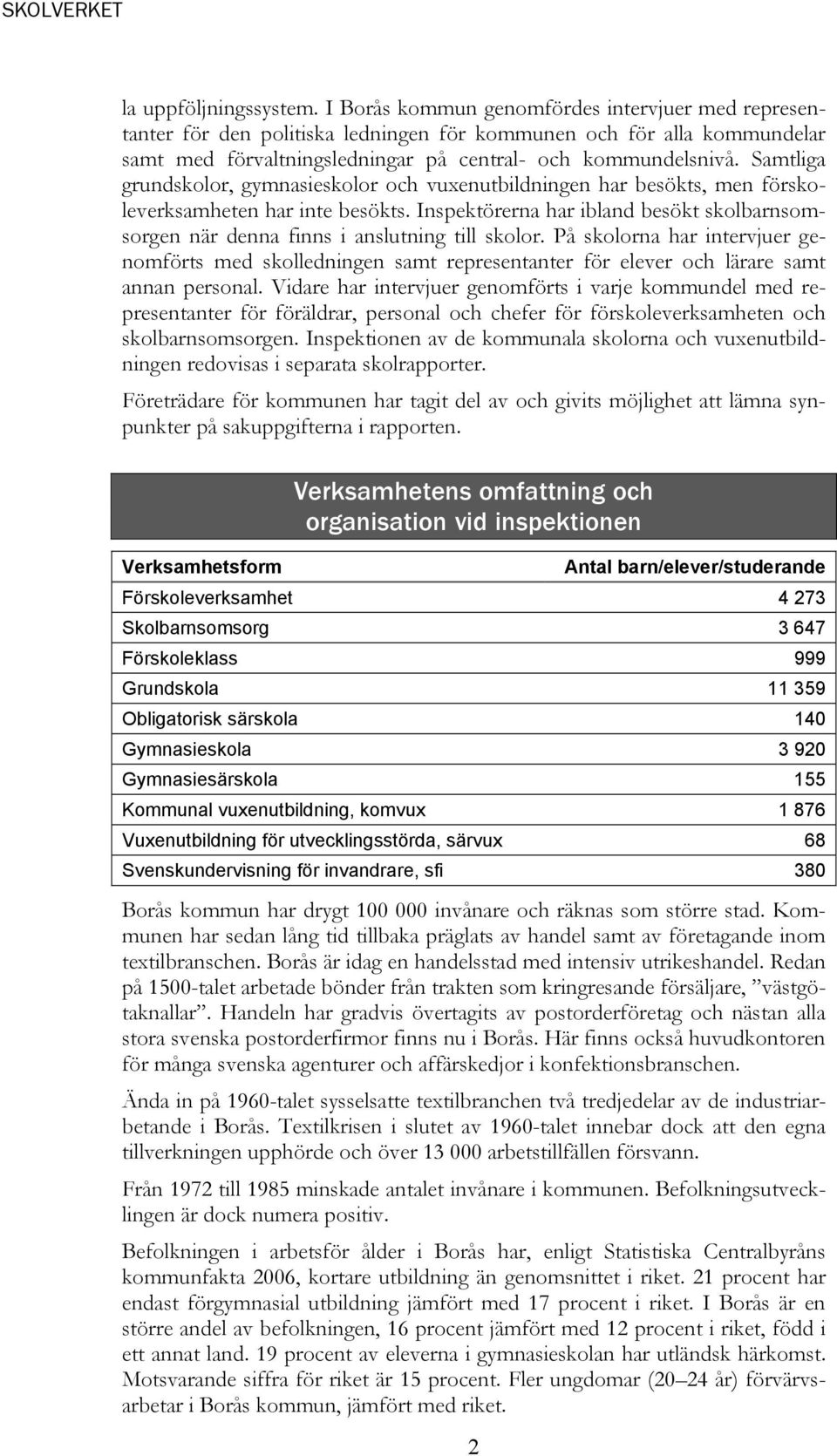 Samtliga grundskolor, gymnasieskolor och vuxenutbildningen har besökts, men förskoleverksamheten har inte besökts.