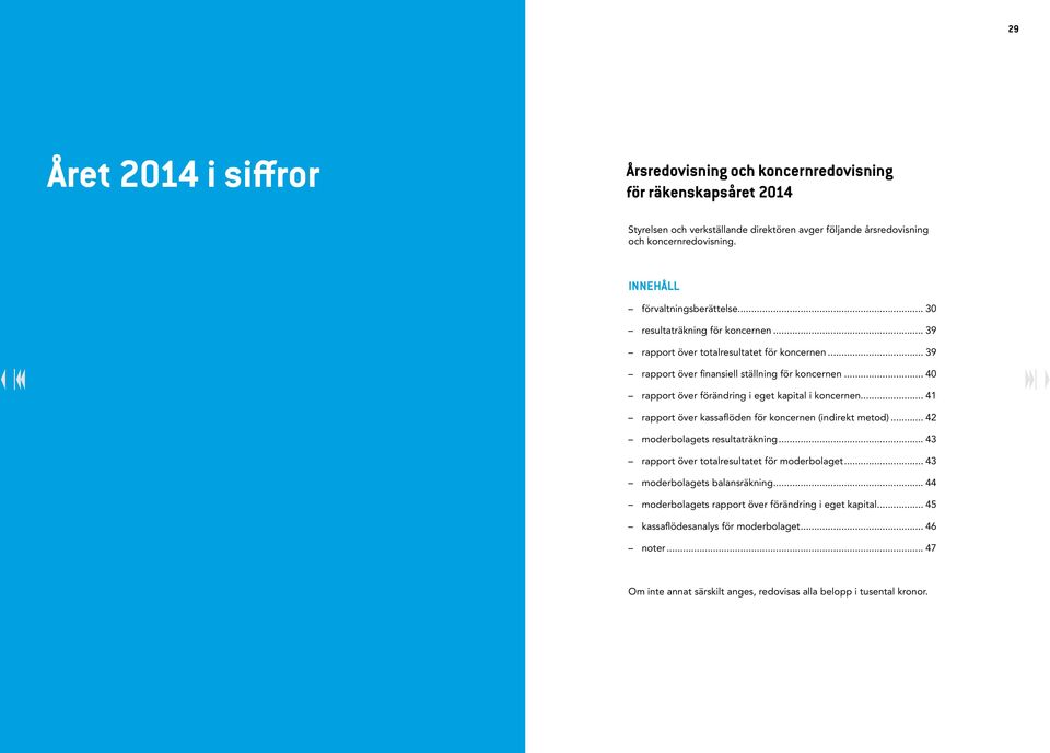 .. 40 rapport över förändring i eget kapital i koncernen... 41 rapport över kassaflöden för koncernen (indirekt metod)... 42 moderbolagets resultaträkning.