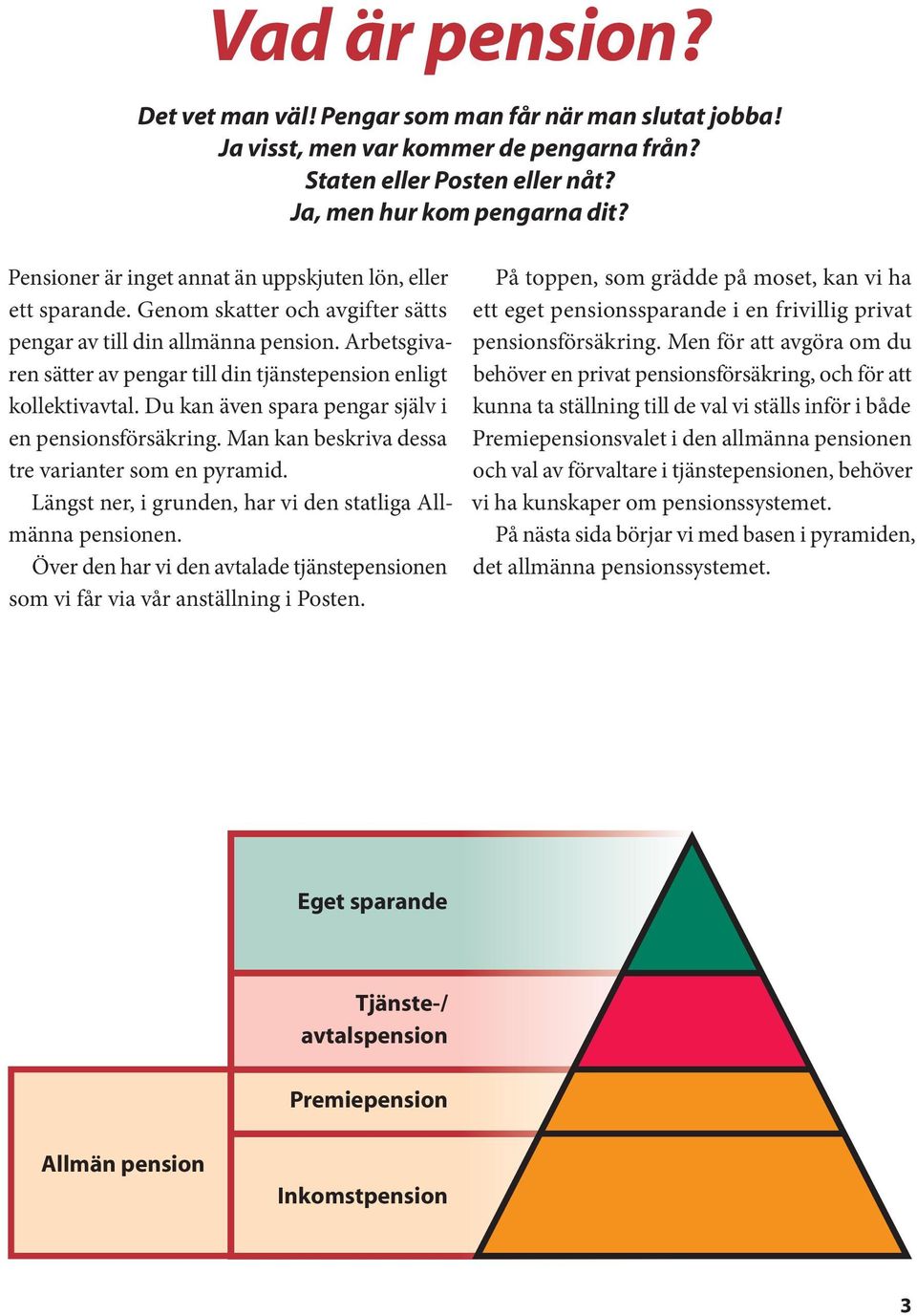 Arbetsgivaren sätter av pengar till din tjänstepension enligt kollektivavtal. Du kan även spara pengar själv i en pensionsförsäkring. Man kan beskriva dessa tre varianter som en pyramid.