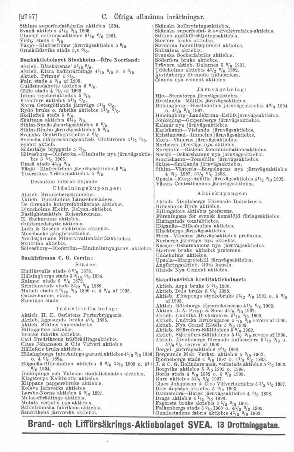 Falu stad. 4 0/O af 1903. Guldsmedshytte aktieb.s 5 0io. Gälle stads 4 0/O af 1902. Iduns tryckeriaktieb:s ;; 01o, Kramfors aktieb:s 51/2 0/O, Norra Östergötlands järnvägs 41/2 O/g. Rydö bruks o.