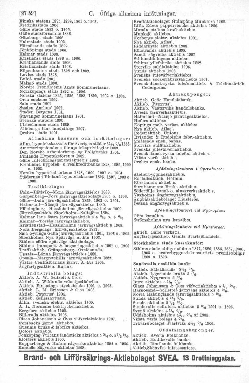 Malmö stads 1890. Nordre Trondhjems "Amts kommunelaans. Norrköpings stads 1892 o. 1906. Norska statens 1895, 1896, 1898, 1899, 1902 o. 1904. Oraa sockens 1902. Sala stads 1902. Staden Aarhus' 1902.