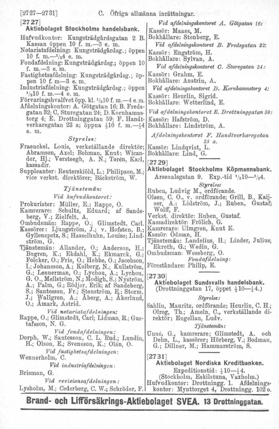Fondafdelmng: Kungstradgardsg.; oppen 10 V'd.I'd l' k t t C Sturegatan 24: f. m.-3 e. m. aj' e nmgs on ore. Fastighetsafdelning: Kungsträdgårdsg.; öp- Kassör: Grahm, E. pen 10 f. m-3 e. m. Bokhållare: Anstrin, A.