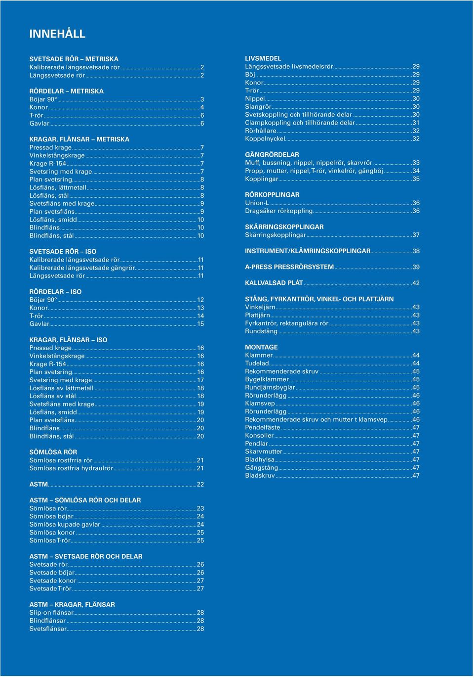 .. 10 Blindfläns... 10 Blindfläns, stål... 10 SVETSADE RÖR ISO Kalibrerade längssvetsade rör...11 Kalibrerade längssvetsade gängrör...11 Längssvetsade rör...11 RÖRDELAR ISO Böjar 90...12 Konor.