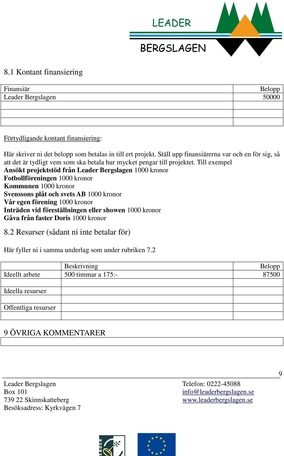 Till exempel Ansökt projektstöd från 1000 kronor Fotbollföreningen 1000 kronor Kommunen 1000 kronor Svenssons plåt och svets AB 1000 kronor Vår egen förening 1000 kronor Inträden vid