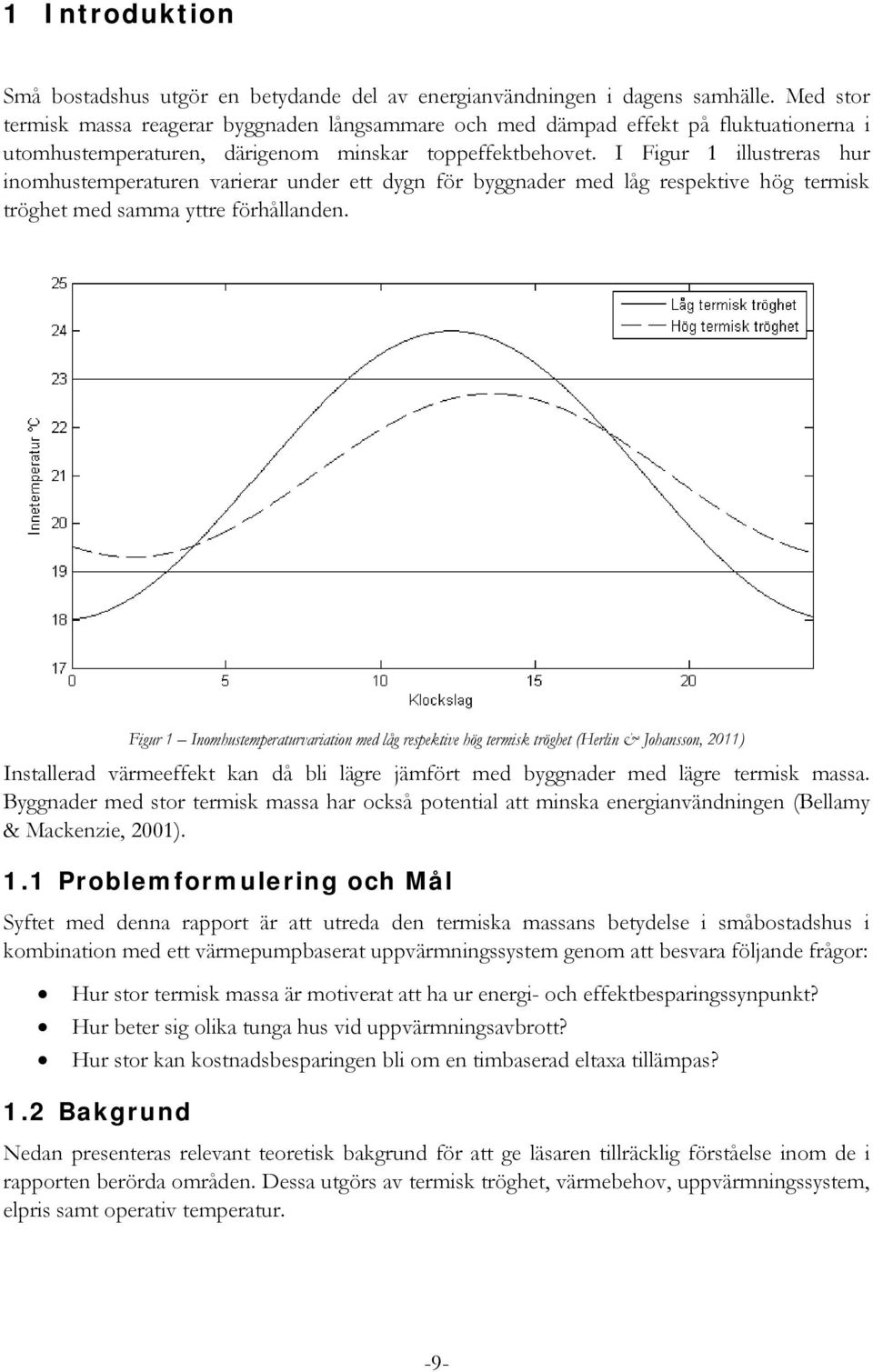 I Figur 1 illustreras hur inomhustemperaturen varierar under ett dygn för byggnader med låg respektive hög termisk tröghet med samma yttre förhållanden.