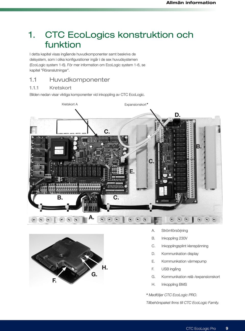 system 1-6). För mer information om EcoLogic system 1-6, se kapitel Röranslutningar. 1.1 Huvudkomponenter 1.1.1 Kretskort Bilden nedan visar viktiga komponenter vid inkoppling av CTC EcoLogic.