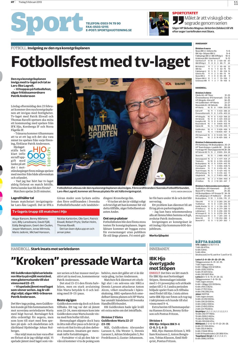 Invigning av den nya konstgräsplanen Fotbollsfest med tv-laget Den nya konstgräsplanen invigs med tv-laget och tal av Lars-Åke Lagrell.