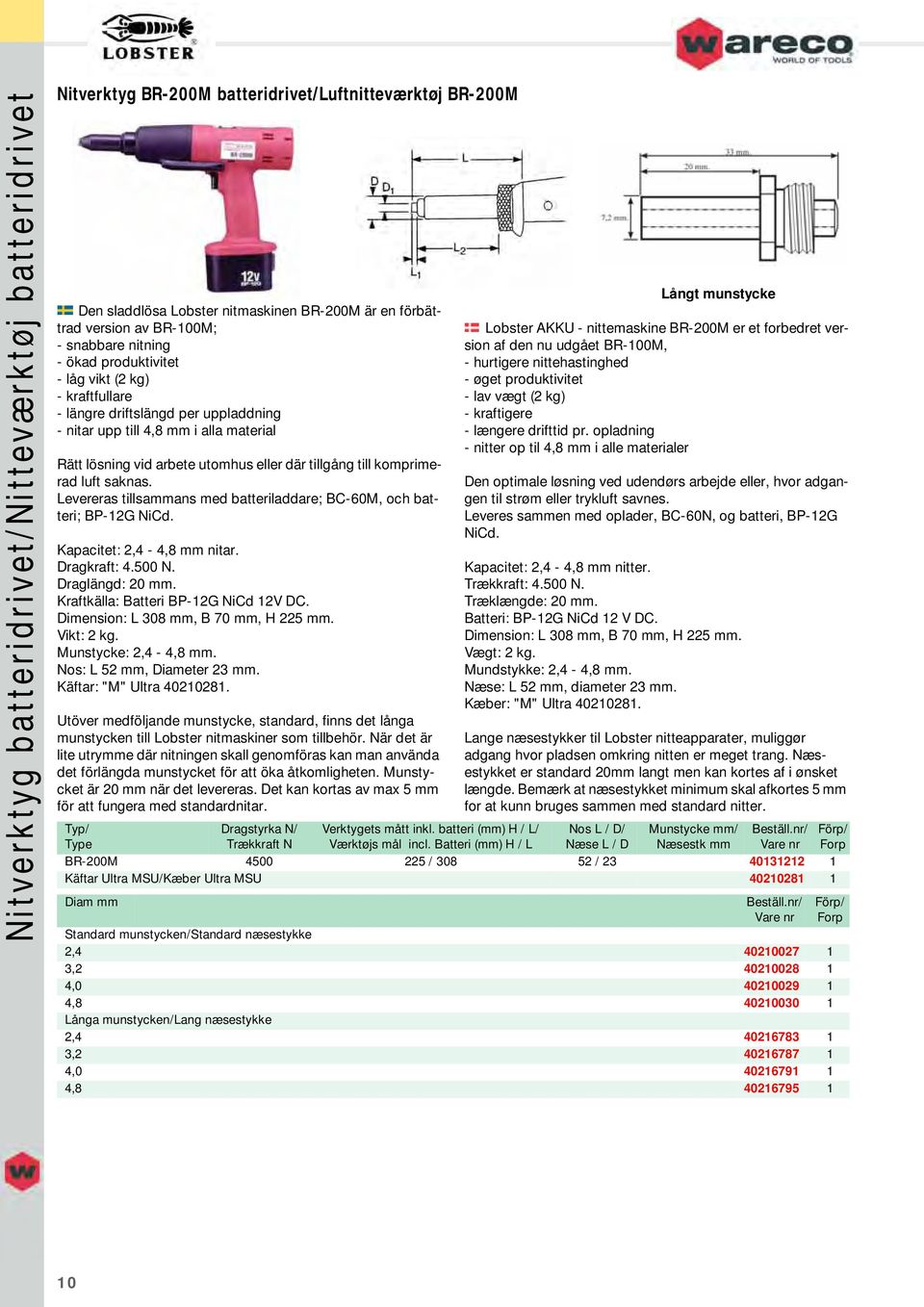 komprimerad luft saknas. Levereras tillsaans med batteriladdare; BC-60M, och batteri; BP-12G NiCd. Kapacitet: 2,4-4,8 nitar. Dragkraft: 4.500 N. Draglängd: 20. Kraftkälla: Batteri BP-12G NiCd 12V DC.