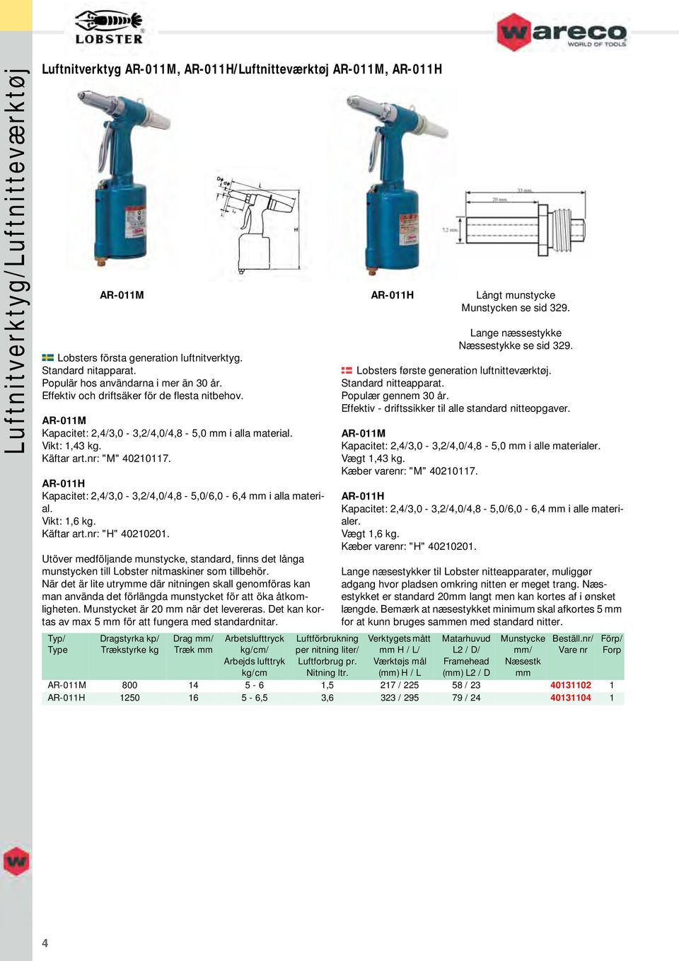 nr: "M" 40210117. AR-011H Kapacitet: 2,4/3,0-3,2/4,0/4,8-5,0/6,0-6,4 i alla material. Vikt: 1,6. Käftar art.nr: "H" 40210201.