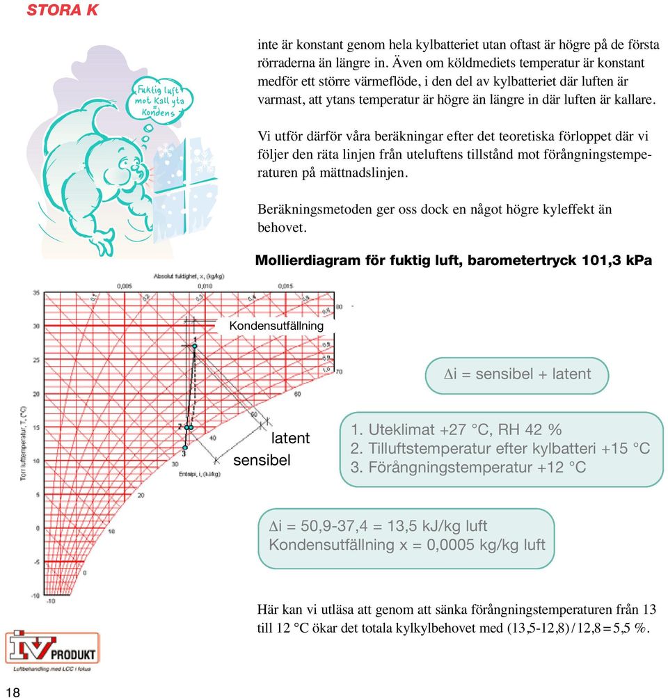 Vi utför därför våra beräkningar efter det teoretiska förloppet där vi följer den räta linjen från uteluftens tillstånd mot förångningstemperaturen på mättnadslinjen.