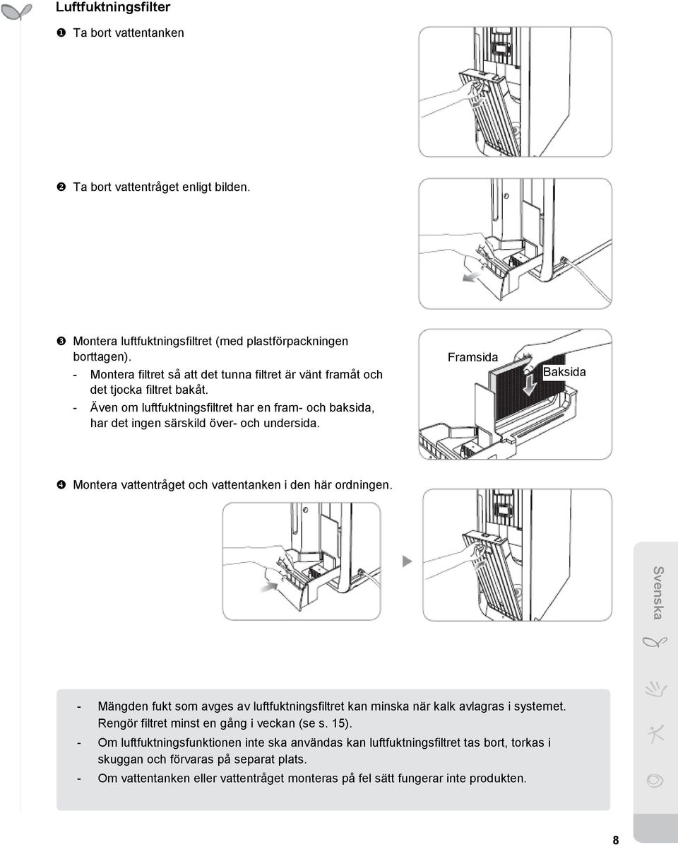 Framsida Baksida Montera vattentråget och vattentanken i den här ordningen. - Mängden fukt som avges av luftfuktningsfiltret kan minska när kalk avlagras i systemet.