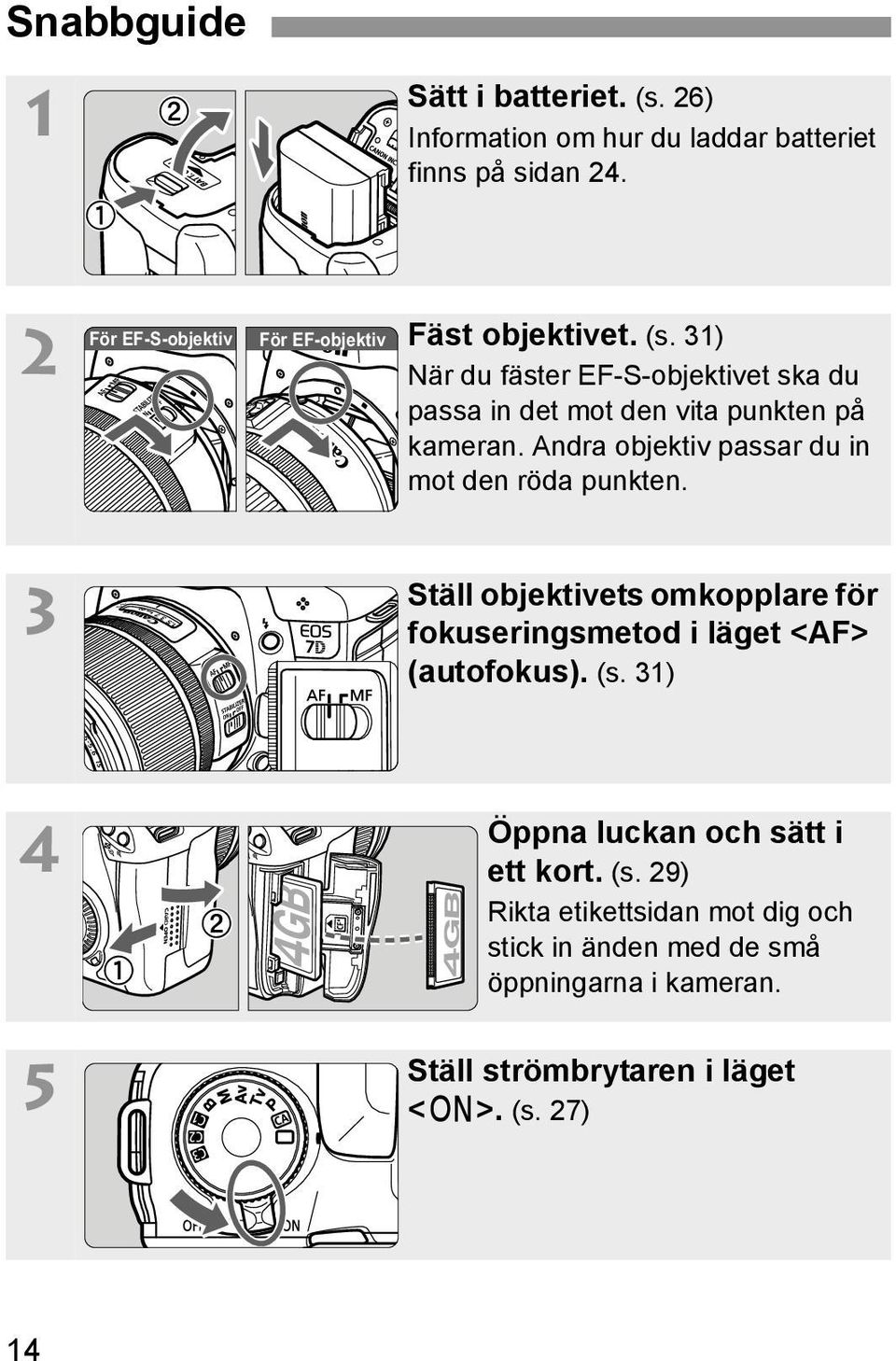 31) När du fäster EF-S-objektivet ska du passa in det mot den vita punkten på kameran. Andra objektiv passar du in mot den röda punkten.