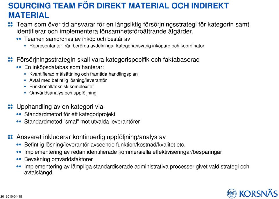 Teamen samordnas av inköp och består av Representanter från berörda avdelningar kategoriansvarig inköpare och koordinator Försörjningsstrategin skall vara kategorispecifik och faktabaserad En