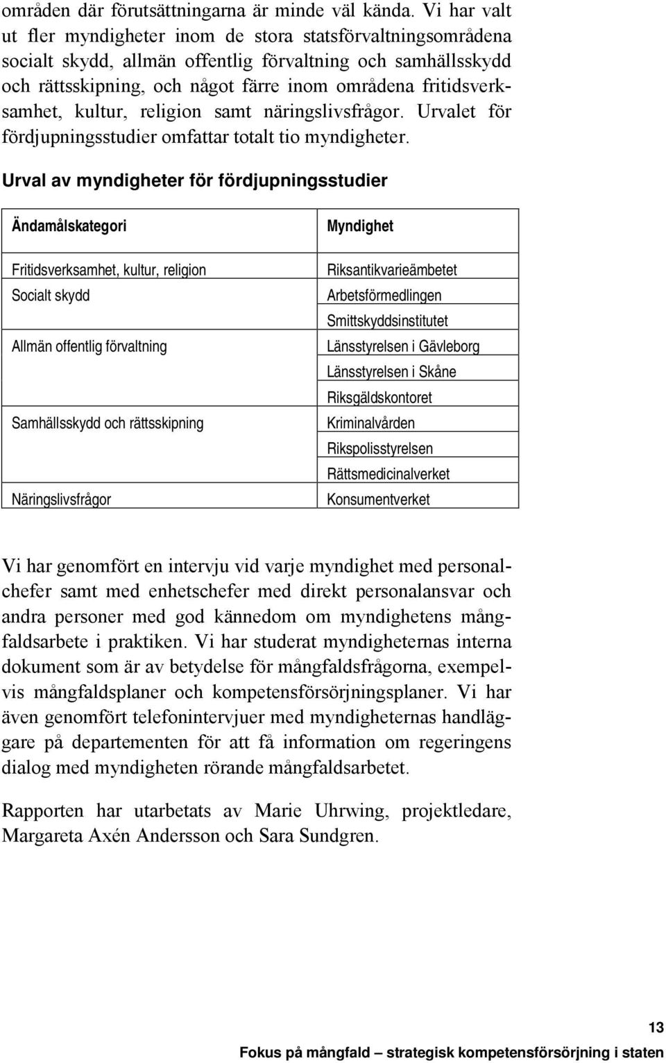 fritidsverksamhet, kultur, religion samt näringslivsfrågor. Urvalet för fördjupningsstudier omfattar totalt tio myndigheter.