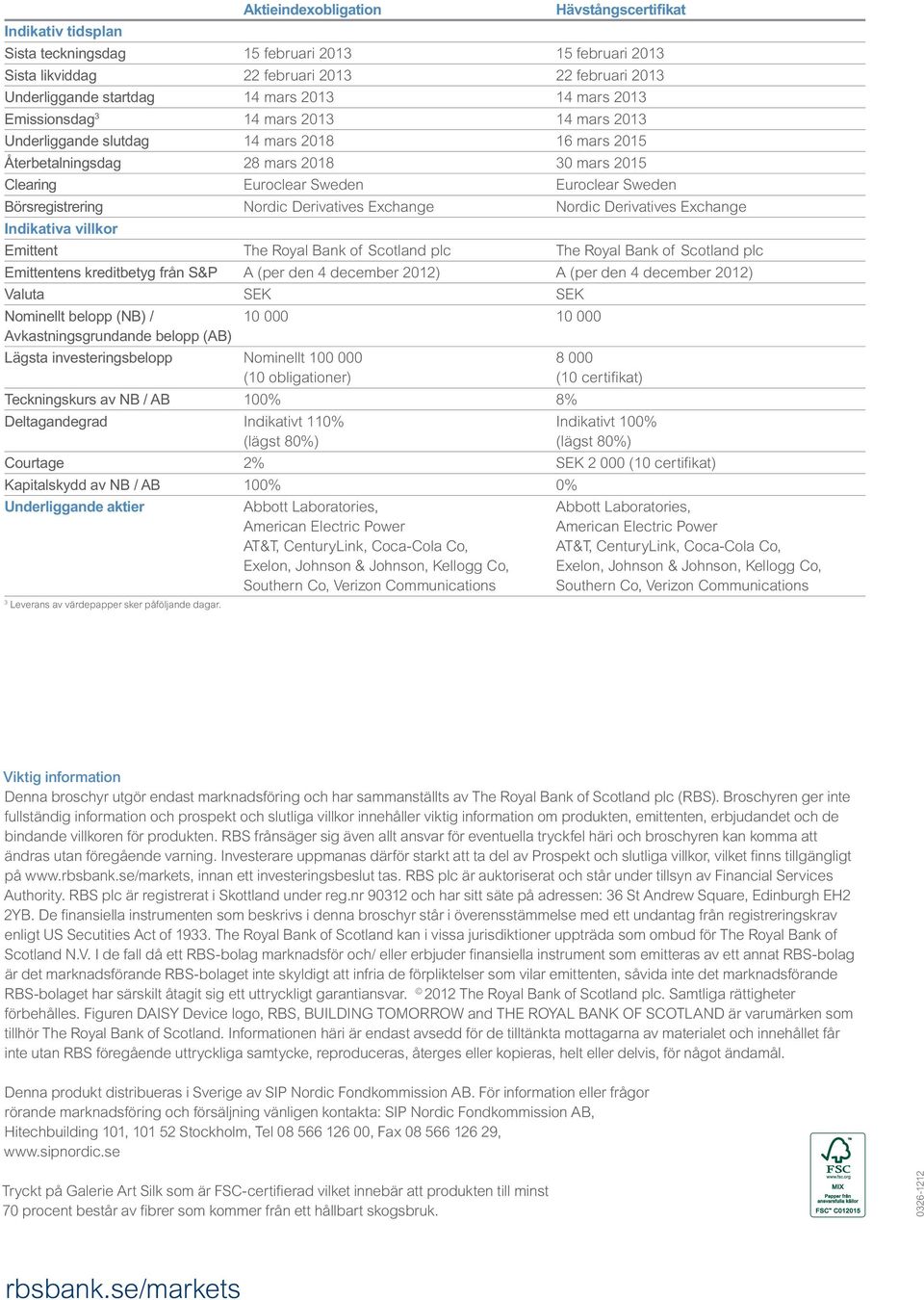 Börsregistrering Nordic Derivatives Exchange Nordic Derivatives Exchange Indikativa villkor Emittent The Royal Bank of Scotland plc The Royal Bank of Scotland plc Emittentens kreditbetyg från S&P A