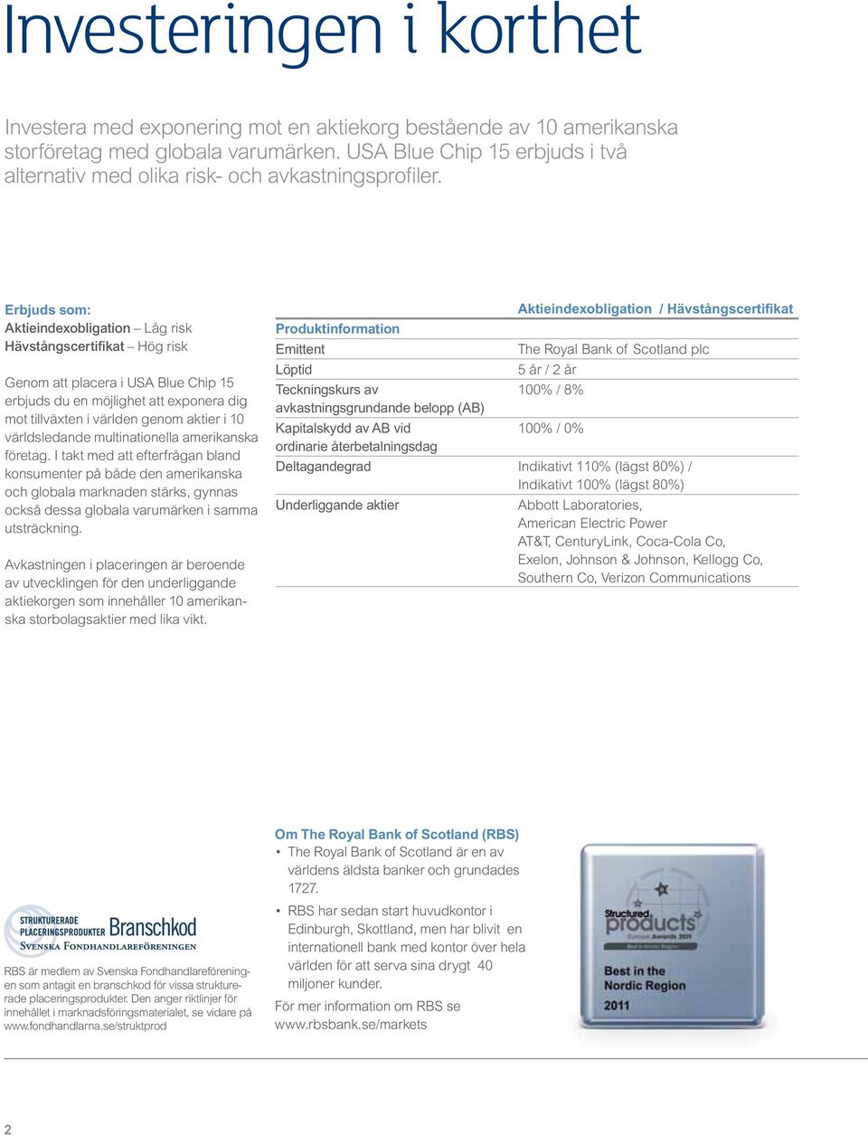 Erbjuds som: Aktieindexobligation Låg risk Hävstångscertifikat Hög risk Genom att placera i USA Blue Chip 15 erbjuds du en möjlighet att exponera dig mot tillväxten i världen genom aktier i 10