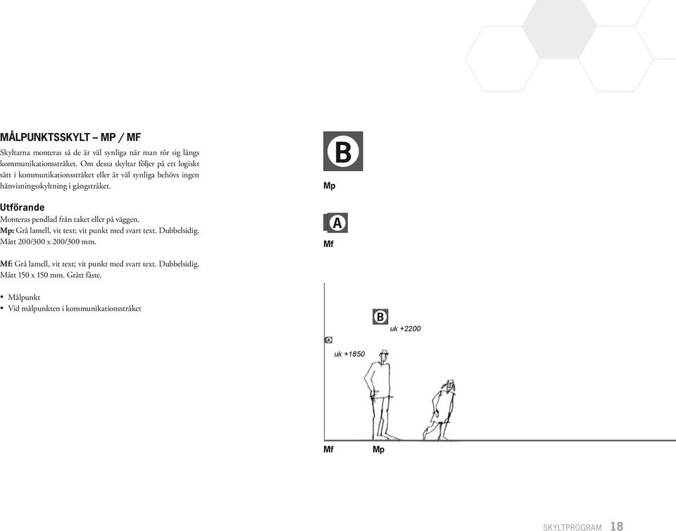 Monteras pendlad från taket eller på väggen. Mp: Grå lamell, vit text; vit punkt med svart text. Dubbelsidig. Mått 200/00 x 200/00 mm.