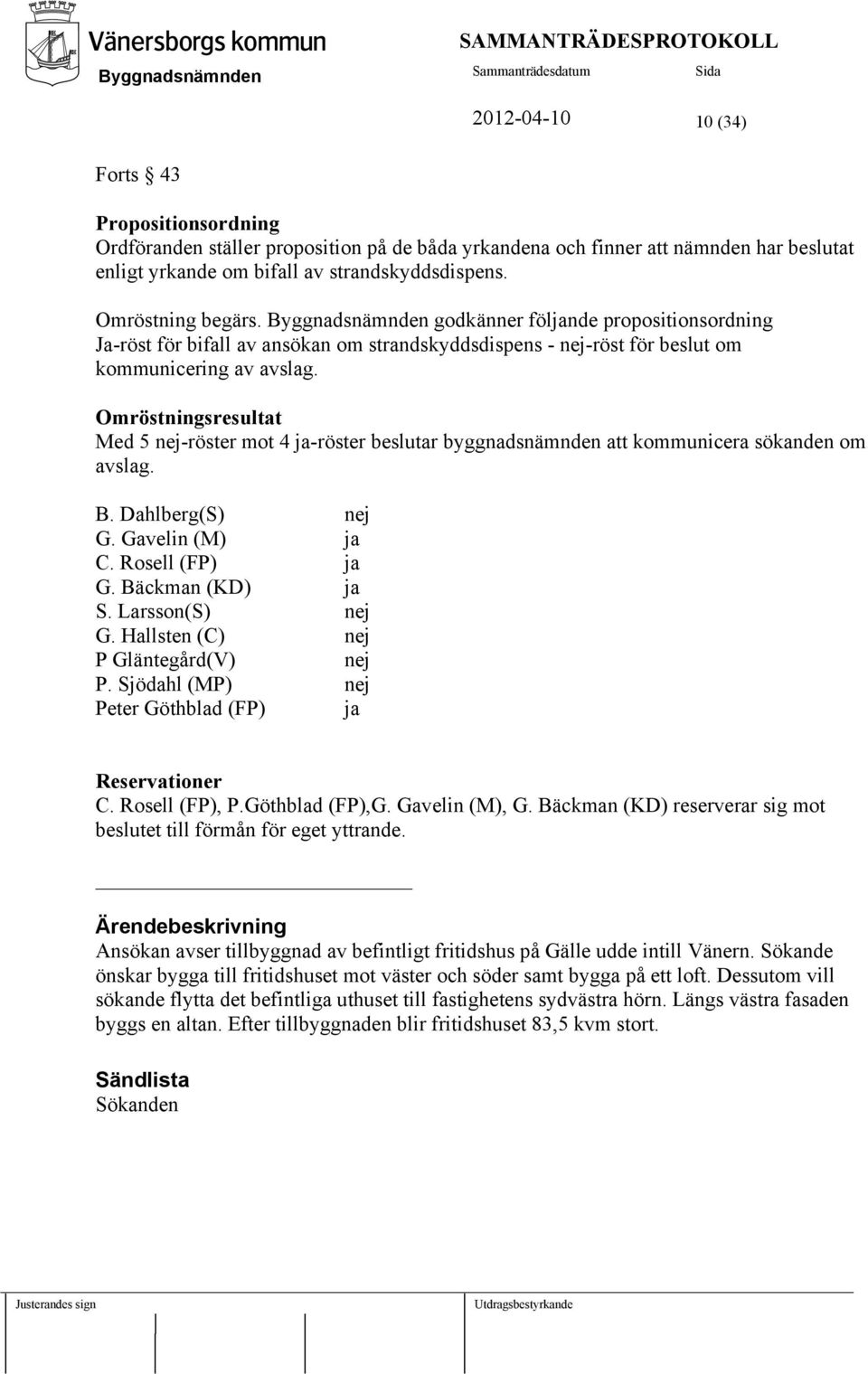 Omröstningsresultat Med 5 nej-röster mot 4 ja-röster beslutar byggnadsnämnden att kommunicera sökanden om avslag. B. Dahlberg(S) nej G. Gavelin (M) ja C. Rosell (FP) ja G. Bäckman (KD) ja S.