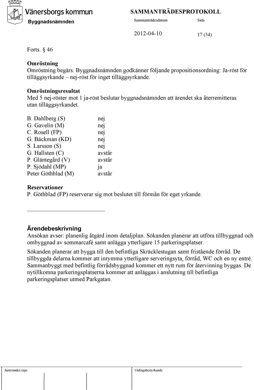 Bäckman (KD) nej S. Larsson (S) nej G. Hallsten (C) avstår P. Gläntegård (V) avstår P. Sjödahl (MP) ja Peter Göthblad (M) avstår Reservationer P.