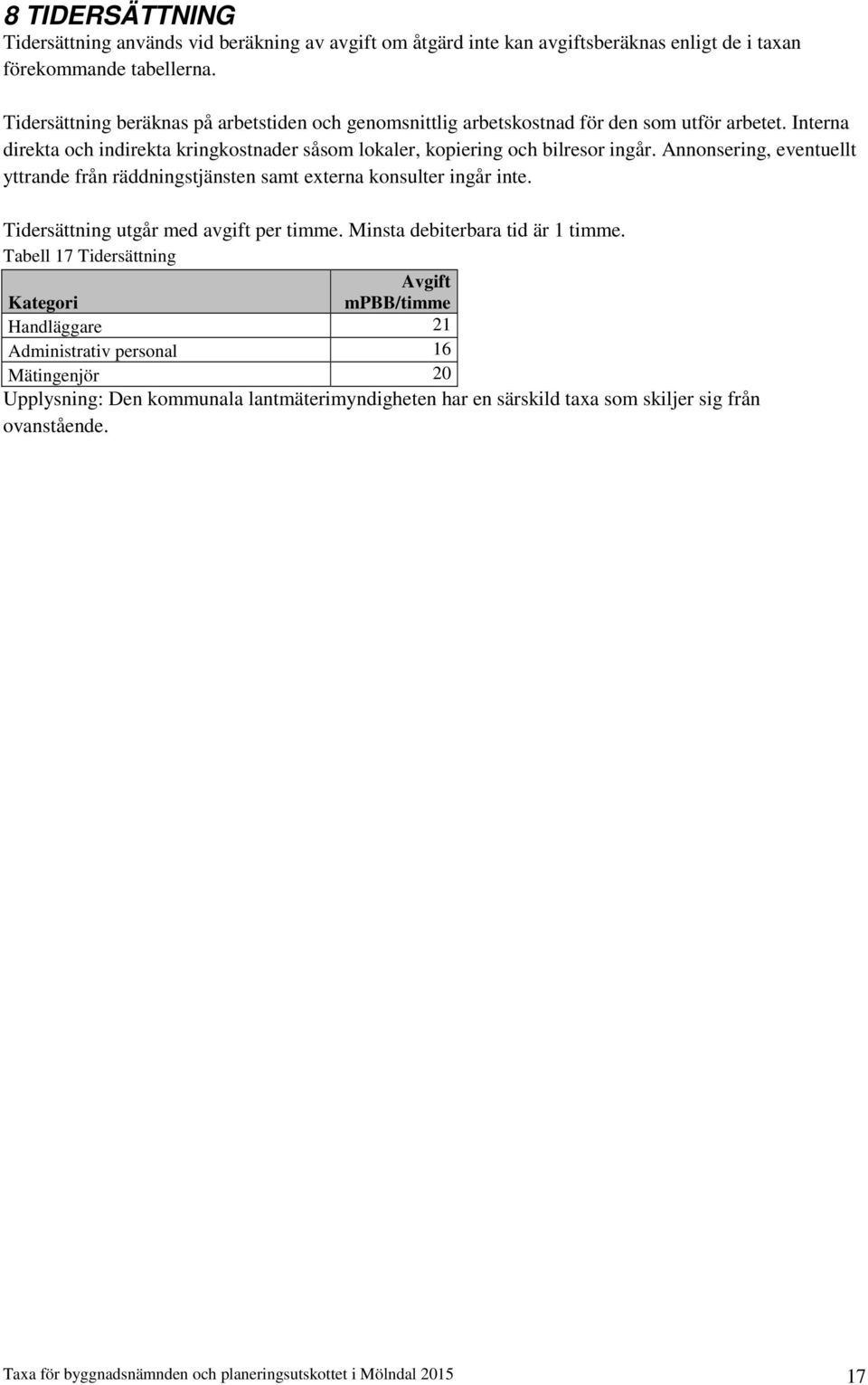 Annonsering, eventuellt yttrande från räddningstjänsten samt externa konsulter ingår inte. Tidersättning utgår med avgift per timme. Minsta debiterbara tid är 1 timme.