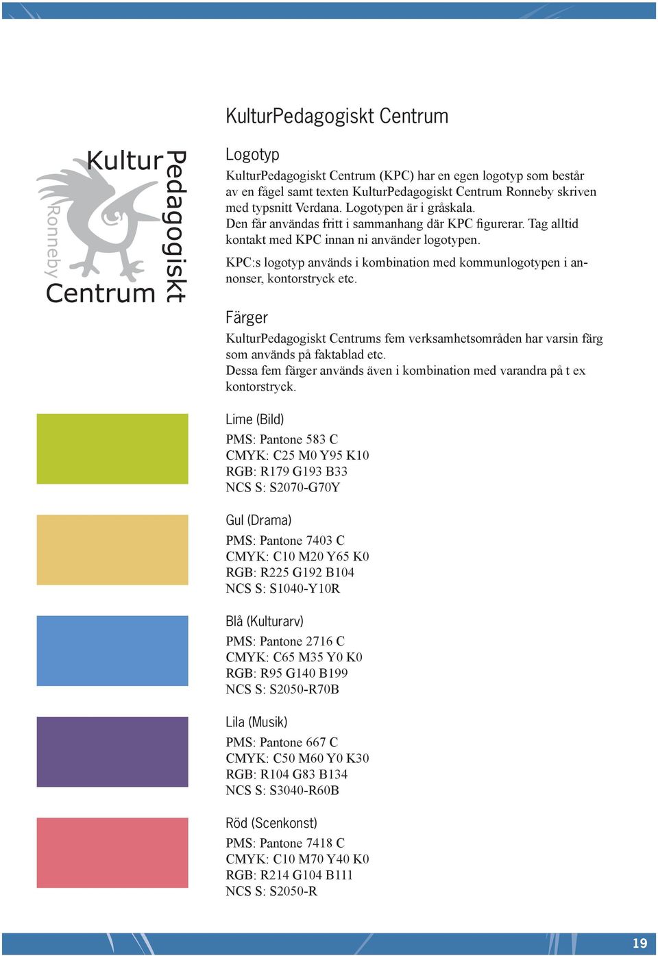 KPC:s logotyp används i kombination med kommunlogotypen i annonser, kontorstryck etc. Färger KulturPedagogiskt Centrums fem verksamhetsområden har varsin färg som används på faktablad etc.