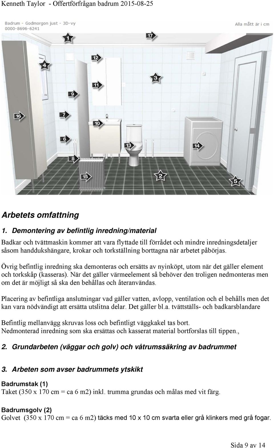 arbetet påbörjas. Övrig befintlig inredning ska demonteras och ersätts av nyinköpt, utom när det gäller element och torkskåp (kasseras).