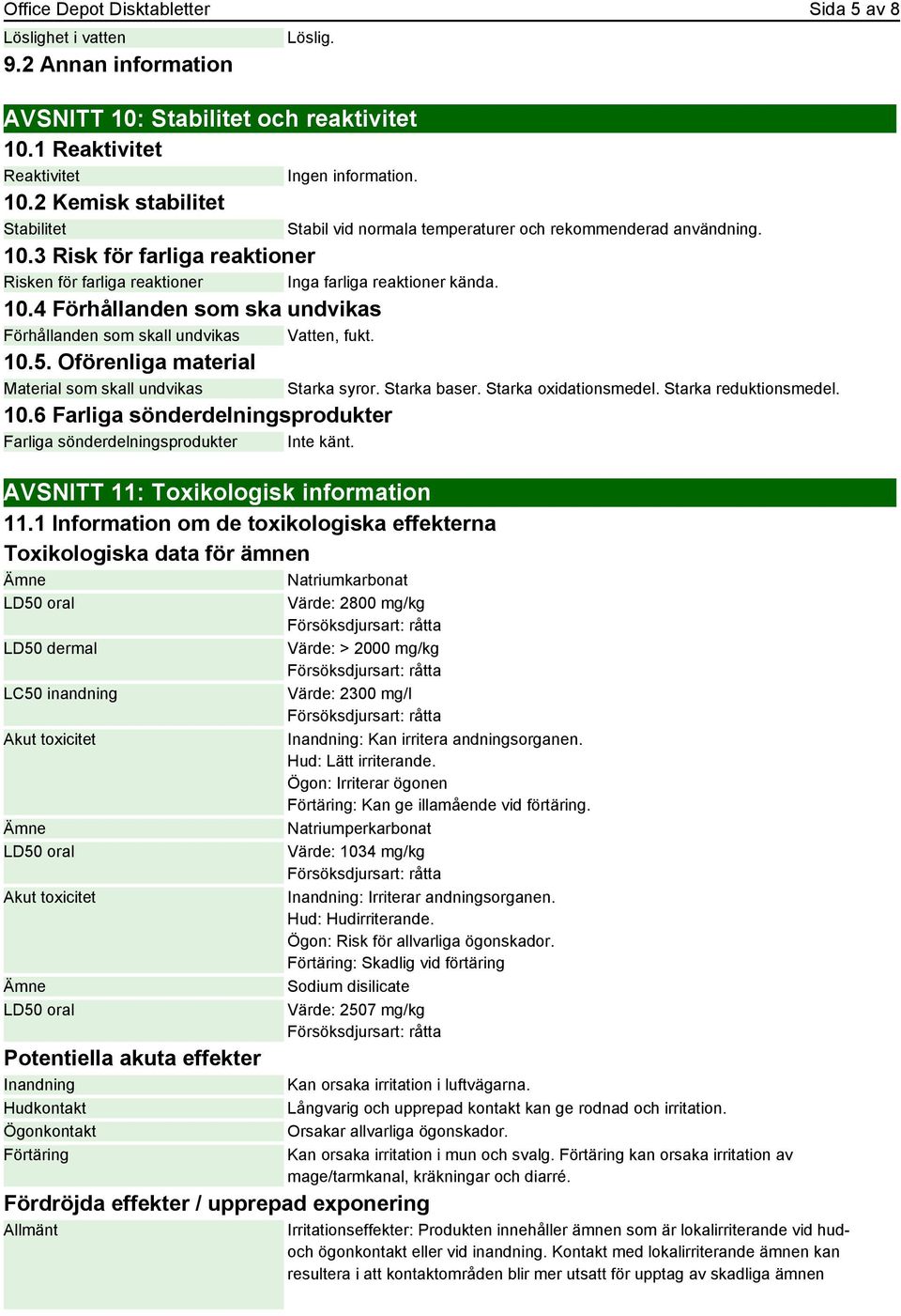 Oförenliga material Material som skall undvikas 10.6 Farliga sönderdelningsprodukter Farliga sönderdelningsprodukter Inte känt. AVSNITT 11: Toxikologisk information 11.