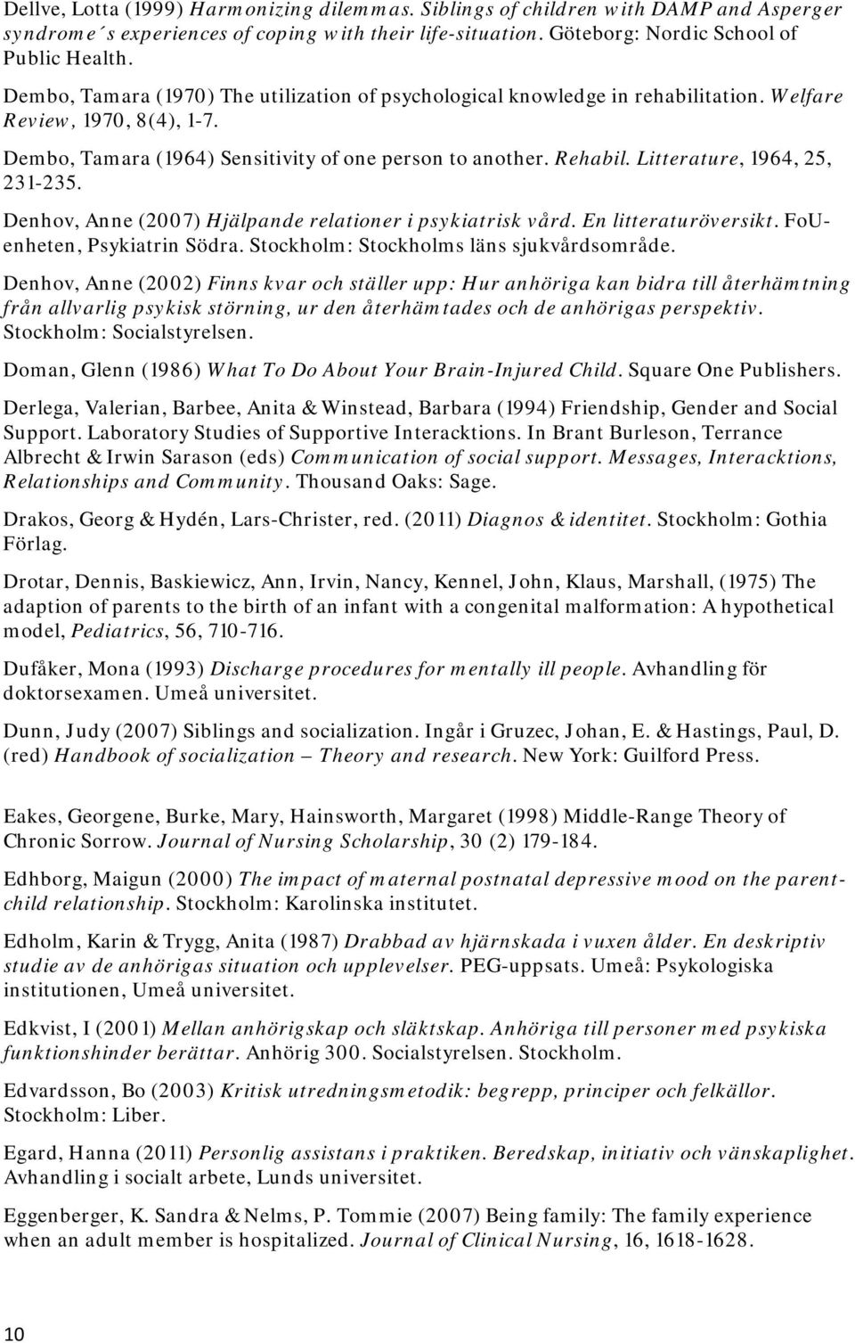 Litterature, 1964, 25, 231-235. Denhov, Anne (2007) Hjälpande relationer i psykiatrisk vård. En litteraturöversikt. FoUenheten, Psykiatrin Södra. Stockholm: Stockholms läns sjukvårdsområde.