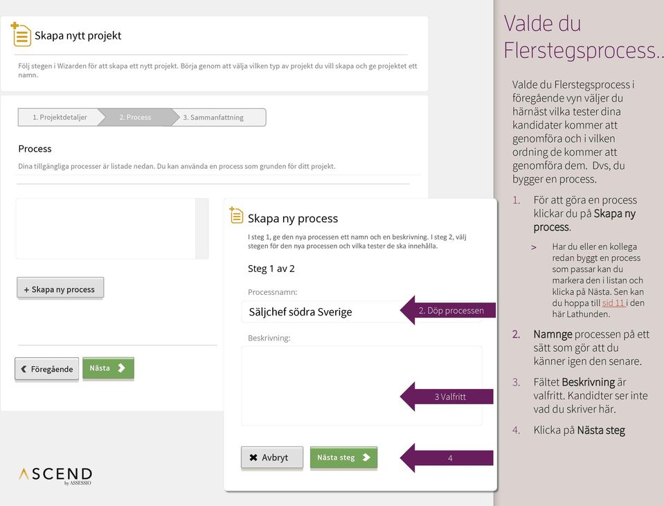 Sammanfattning Skapa ny process I steg, ge den nya processen ett namn och en beskrivning. I steg 2, välj stegen för den nya processen och vilka tester de ska innehålla.