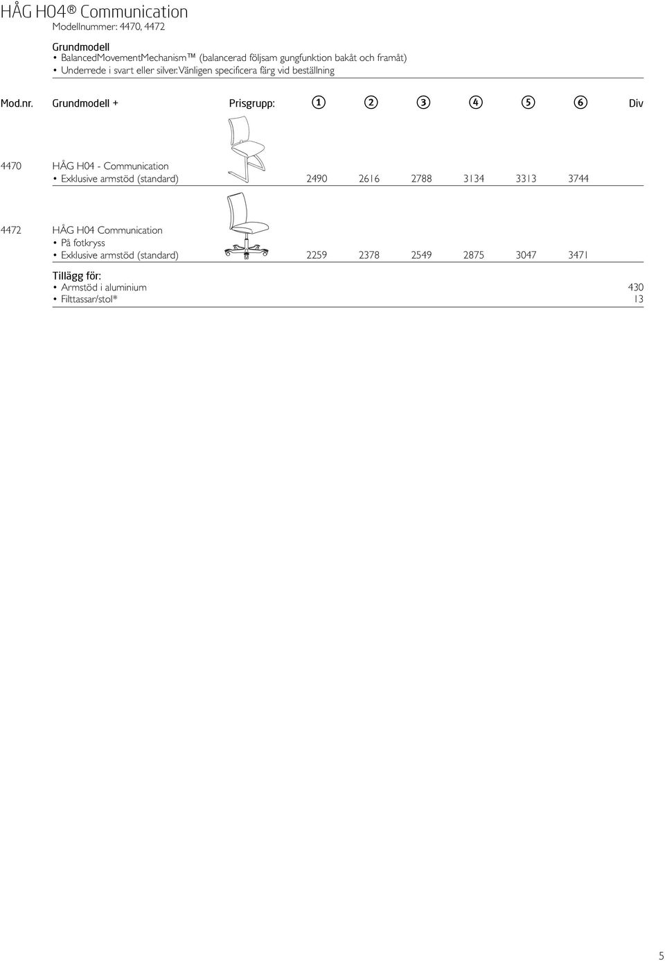 Grundmodell + Prisgrupp: 1 2 3 4 5 6 Div 4470 HÅG H04 - Communication Exklusive armstöd (standard) 2490 2616 2788 3134 3313