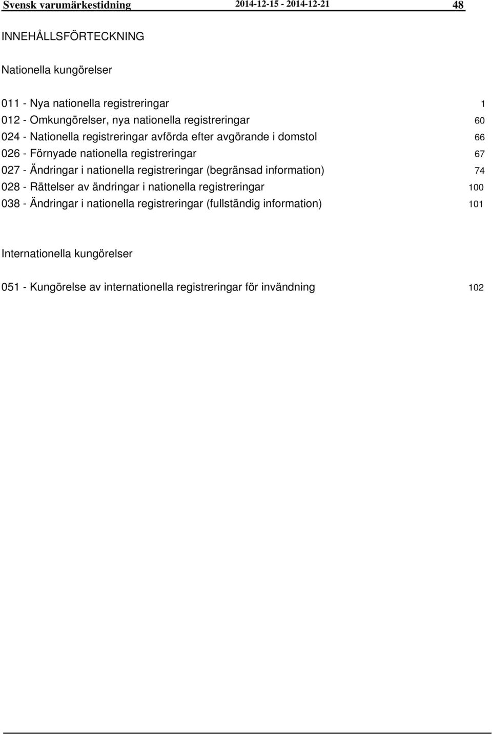 Ändringar i nationella registreringar (begränsad information) 028 - Rättelser av ändringar i nationella registreringar 038 - Ändringar i nationella