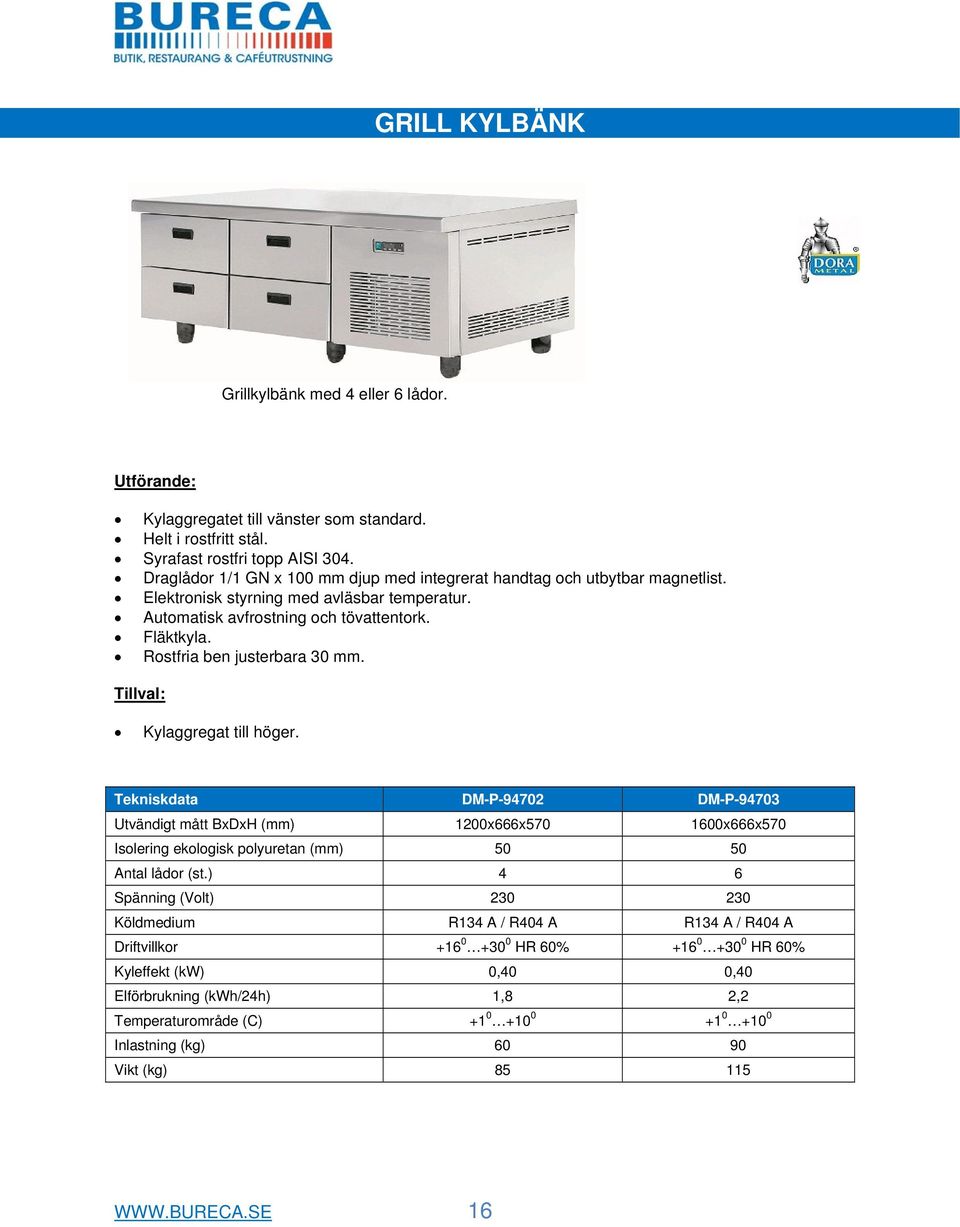 Rostfria ben justerbara 30 mm. Tillval: Kylaggregat till höger. Tekniskdata DM-P-94702 DM-P-94703 BxDxH (mm) 1200x666x570 1600x666x570 Isolering ekologisk polyuretan (mm) 50 50 Antal lådor (st.