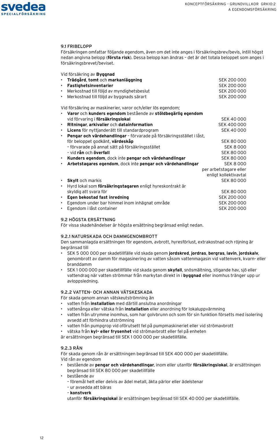 Vid försäkring av Byggnad Trädgård, tomt och markanläggning SEK 200 000 Fastighetsinventarier SEK 200 000 Merkostnad till följd av myndighetsbeslut SEK 200 000 Merkostnad till följd av byggnads