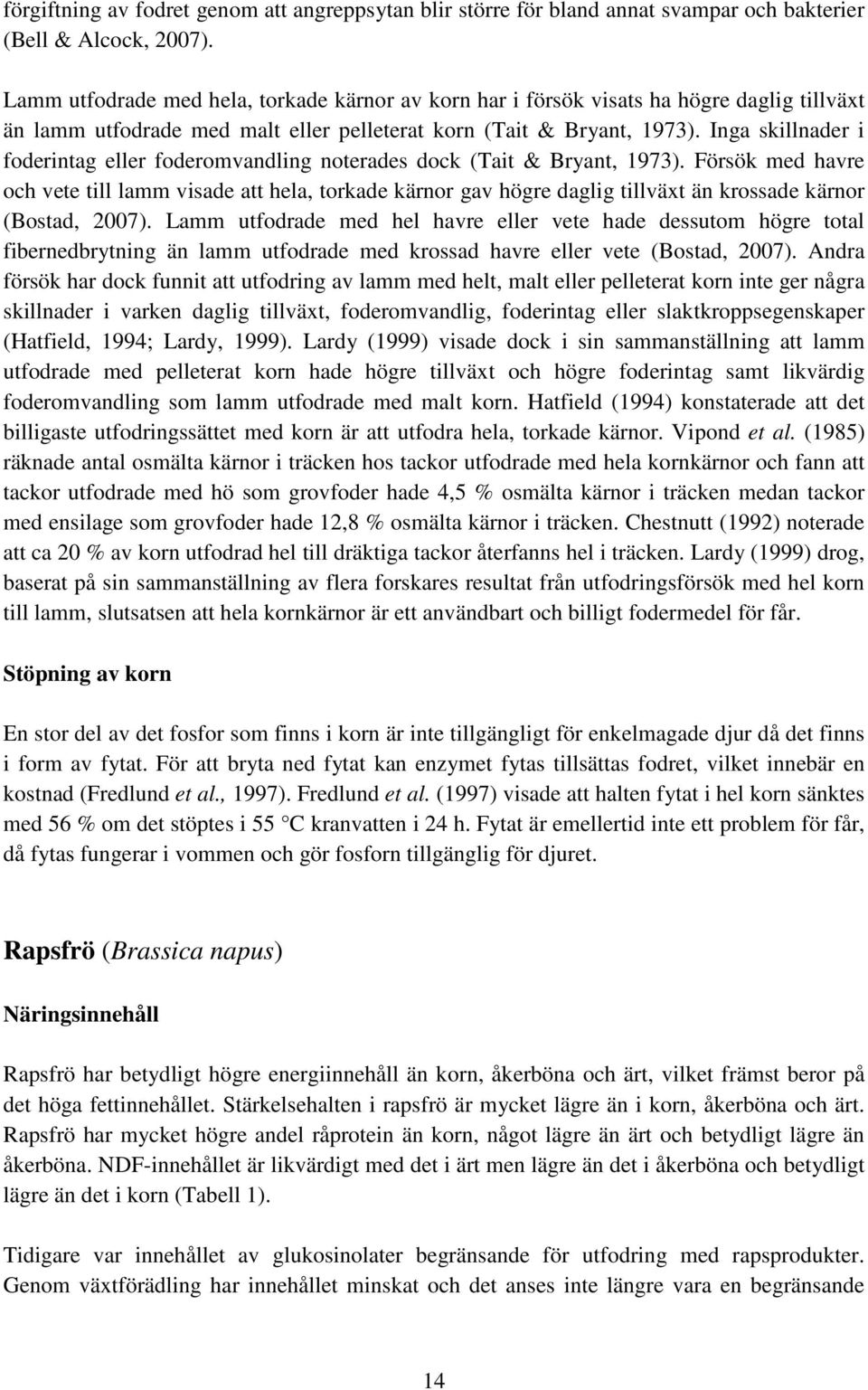 Inga skillnader i foderintag eller foderomvandling noterades dock (Tait & Bryant, 1973).