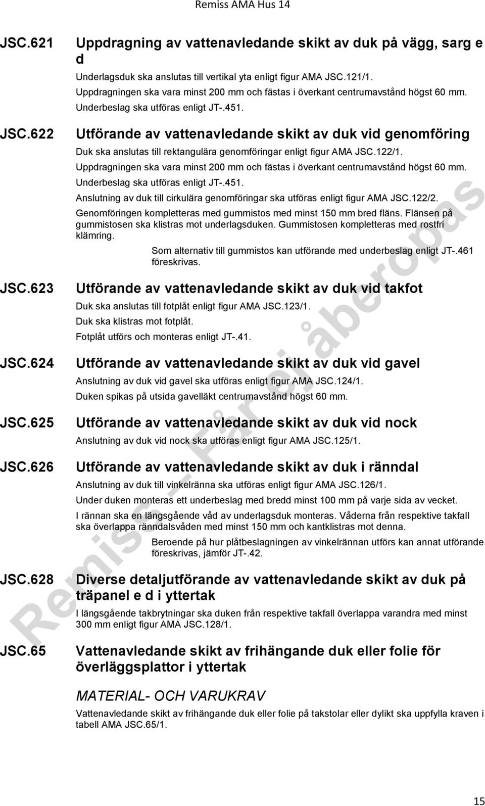 65 Utförande av vattenavledande skikt av duk vid genomföring Duk ska anslutas till rektangulära genomföringar enligt figur AMA JSC.122/1.