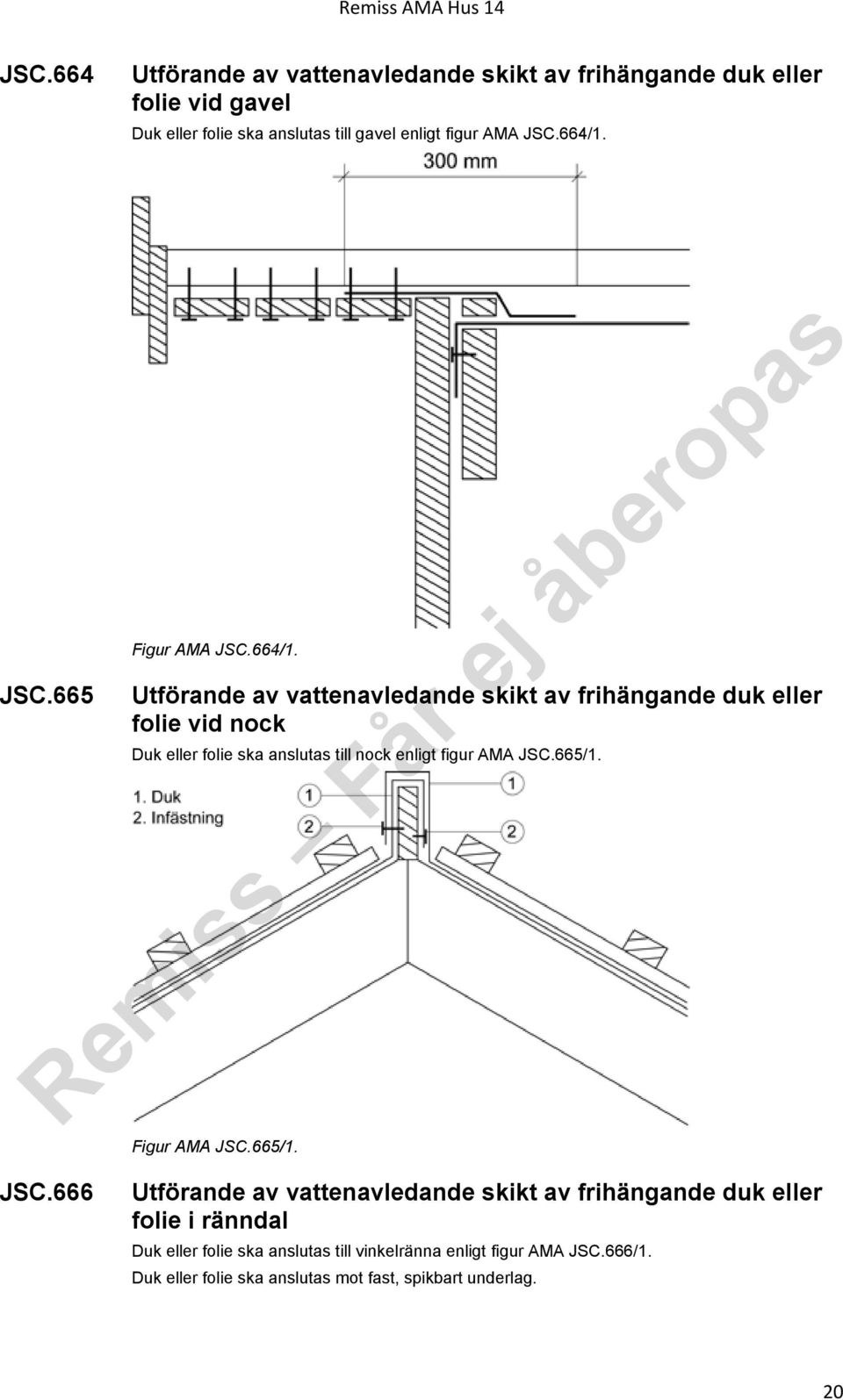 JSC.665 Figur AMA  Utförande av vattenavledande skikt av frihängande duk eller folie vid nock Duk eller folie ska anslutas till nock enligt