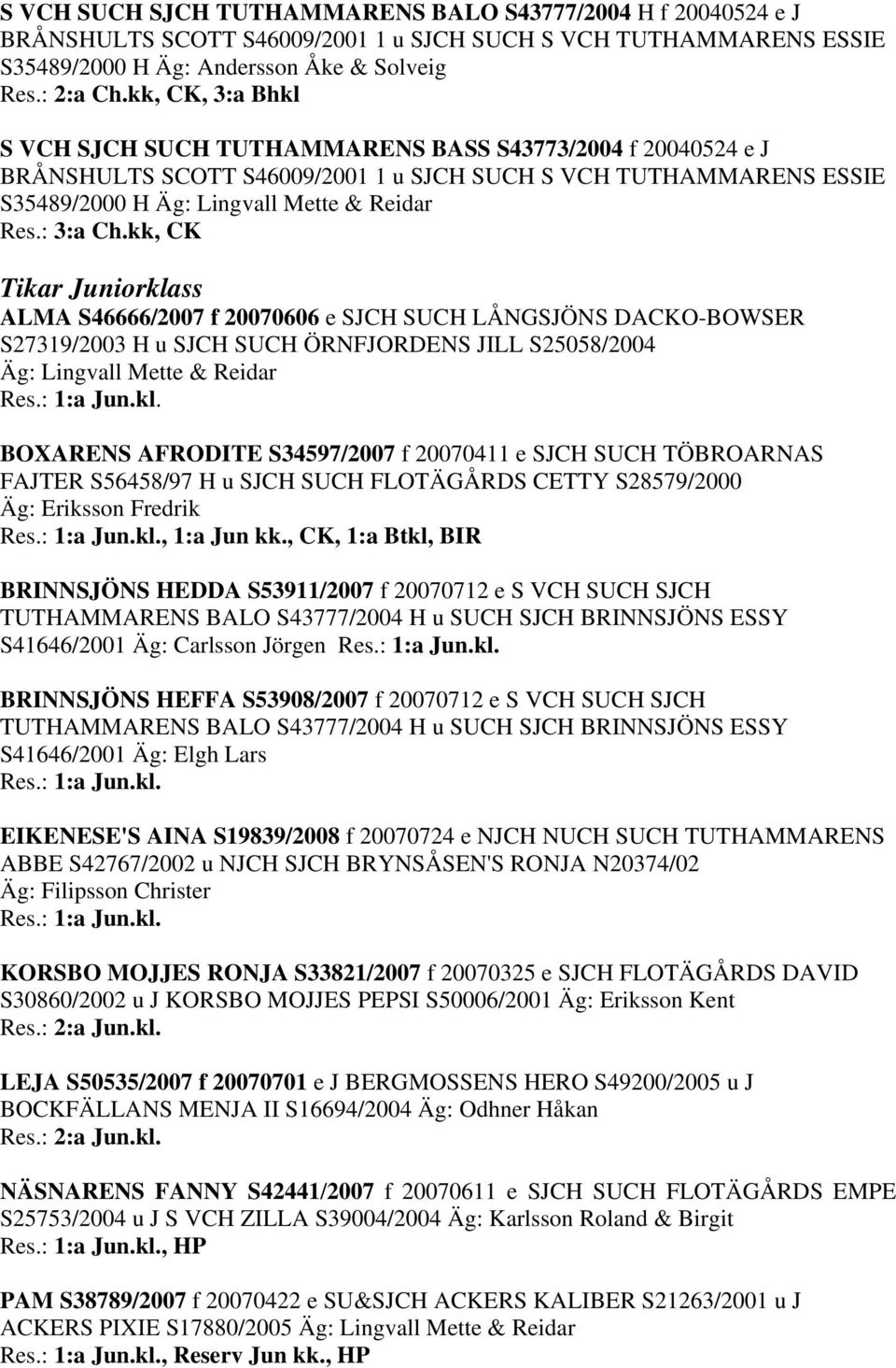 : 3:a Ch.kk, CK Tikar Juniorklass ALMA S46666/2007 f 20070606 e SJCH SUCH LÅNGSJÖNS DACKO-BOWSER S27319/2003 H u SJCH SUCH ÖRNFJORDENS JILL S25058/2004 Äg: Lingvall Mette & Reidar Res.: 1:a Jun.kl. BOXARENS AFRODITE S34597/2007 f 20070411 e SJCH SUCH TÖBROARNAS FAJTER S56458/97 H u SJCH SUCH FLOTÄGÅRDS CETTY S28579/2000 Äg: Eriksson Fredrik Res.