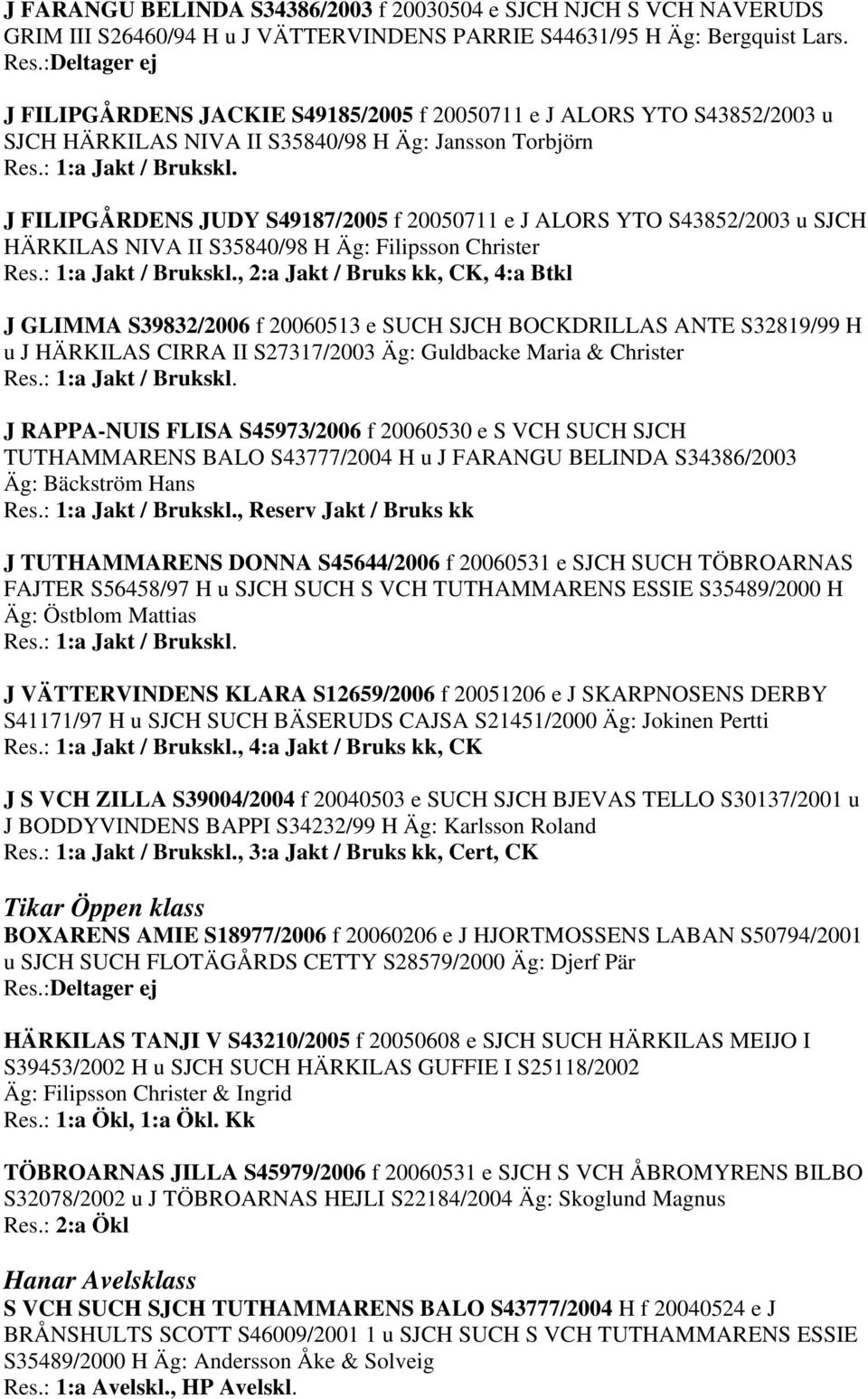 J FILIPGÅRDENS JUDY S49187/2005 f 20050711 e J ALORS YTO S43852/2003 u SJCH HÄRKILAS NIVA II S35840/98 H Äg: Filipsson Christer Res.: 1:a Jakt / Brukskl.