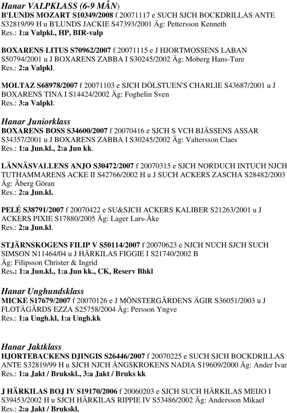 MOLTAZ S68978/2007 f 20071103 e SJCH DÖLSTUEN'S CHARLIE S43687/2001 u J BOXARENS TINA I S14424/2002 Äg: Foghelin Sven Res.: 3:a Valpkl.