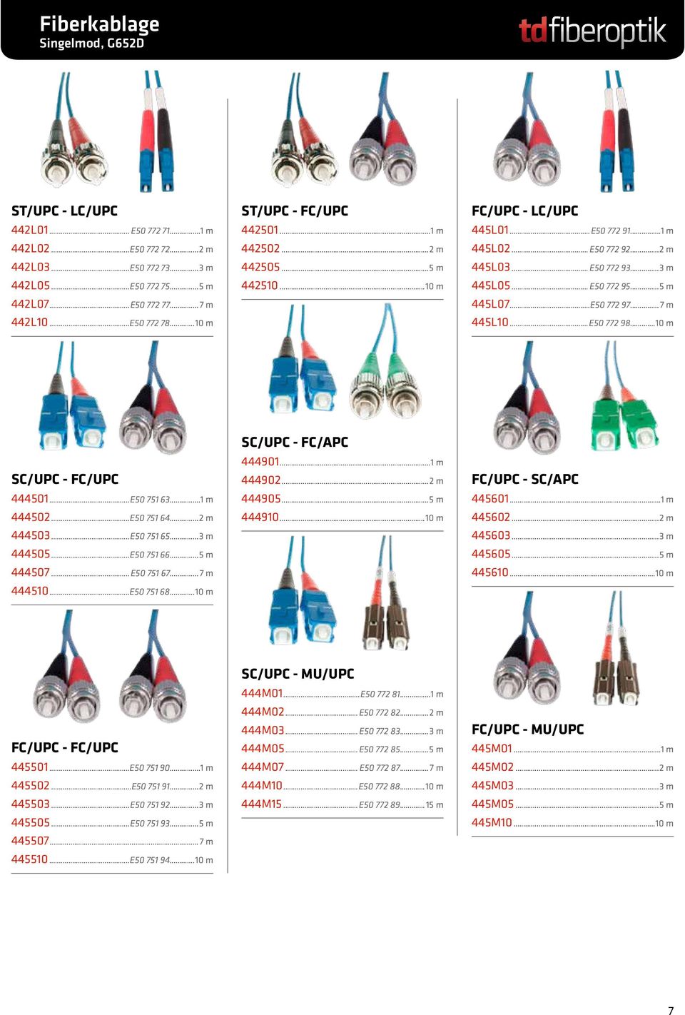 ..5 m 445L07...E50 772 97... 7 m 445L10...E50 772 98...10 m SC/UPC - FC/UPC 444501...E50 751 63...1 m 444502...E50 751 64...2 m 444503...E50 751 65...3 m 444505...E50 751 66...5 m 444507...E50 751 67.