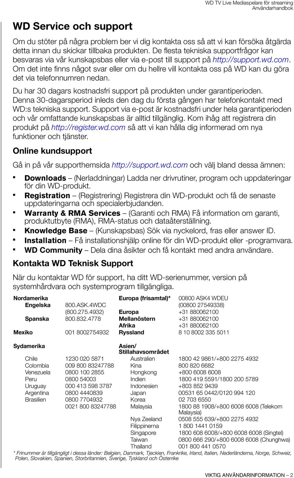 Om det inte finns något svar eller om du hellre vill kontakta oss på WD kan du göra det via telefonnumren nedan. Du har 30 dagars kostnadsfri support på produkten under garantiperioden.